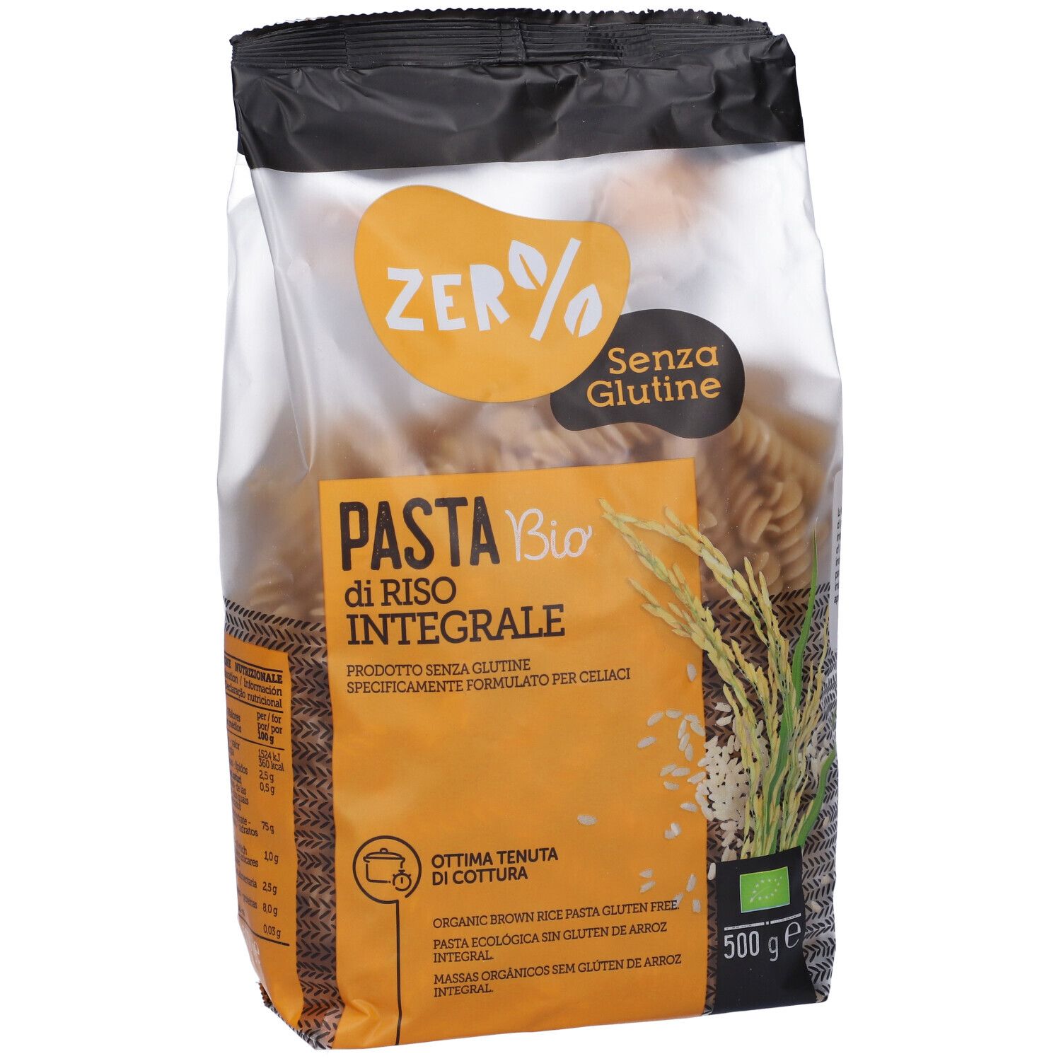 Confezione di fusilli bio senza glutine di riso integrale. Vista laterale, con informazioni sul prodotto.