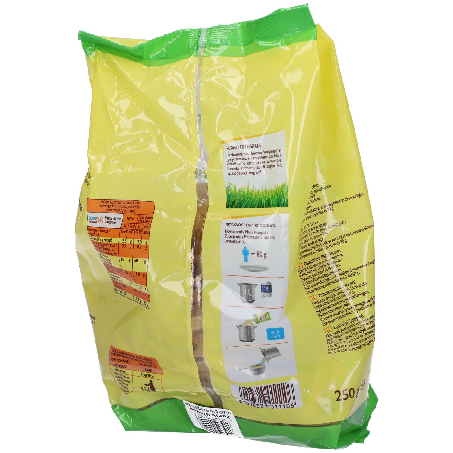Retro della confezione di tagliatelle senza glutine. Confezione giallo-verde, testo e grafici. Scritte: informazioni nutrizionali, istruzioni per la preparazione, 250g.
