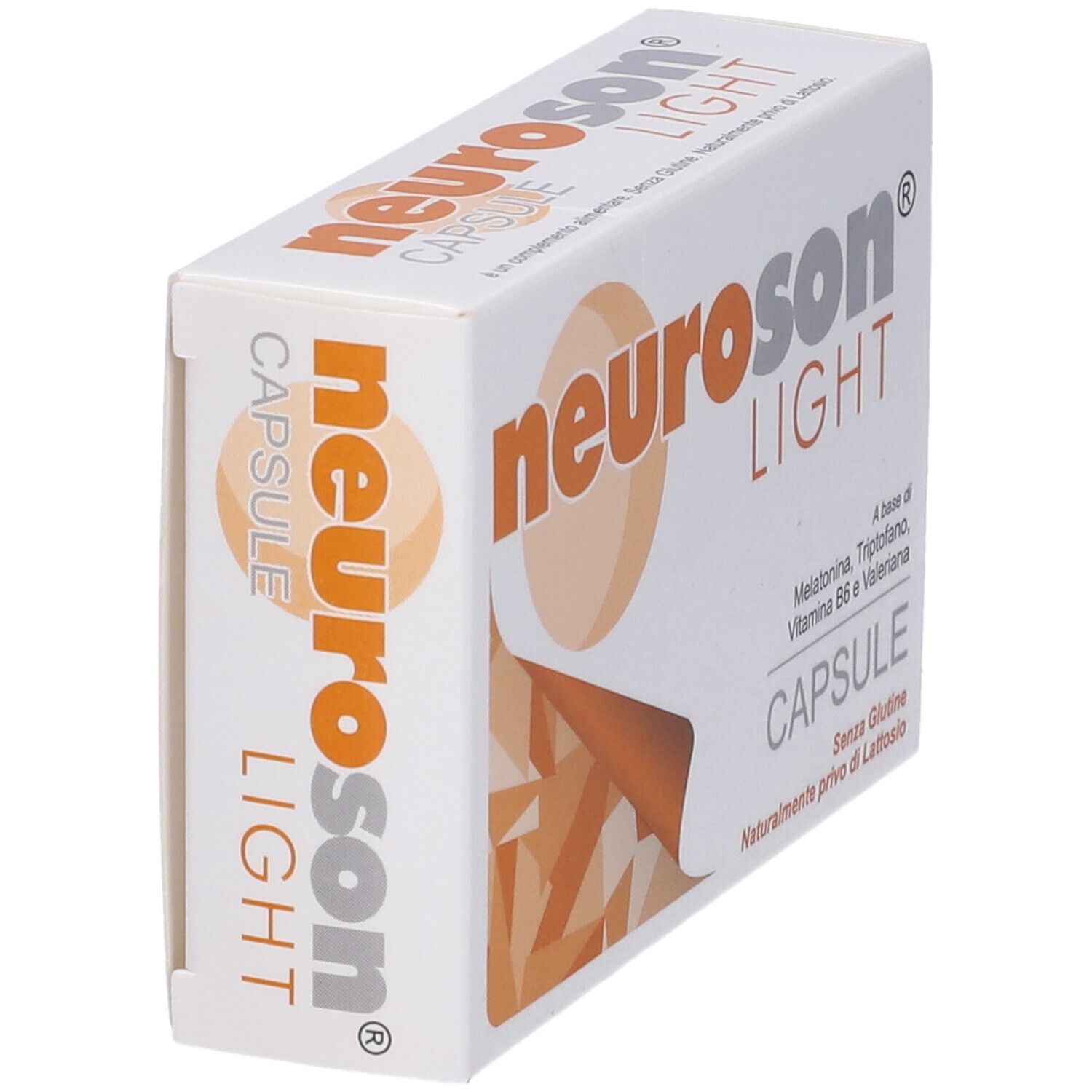 Scatola di capsule Neuroson Light. Scatola bianca con logo arancione e informazioni sul prodotto.