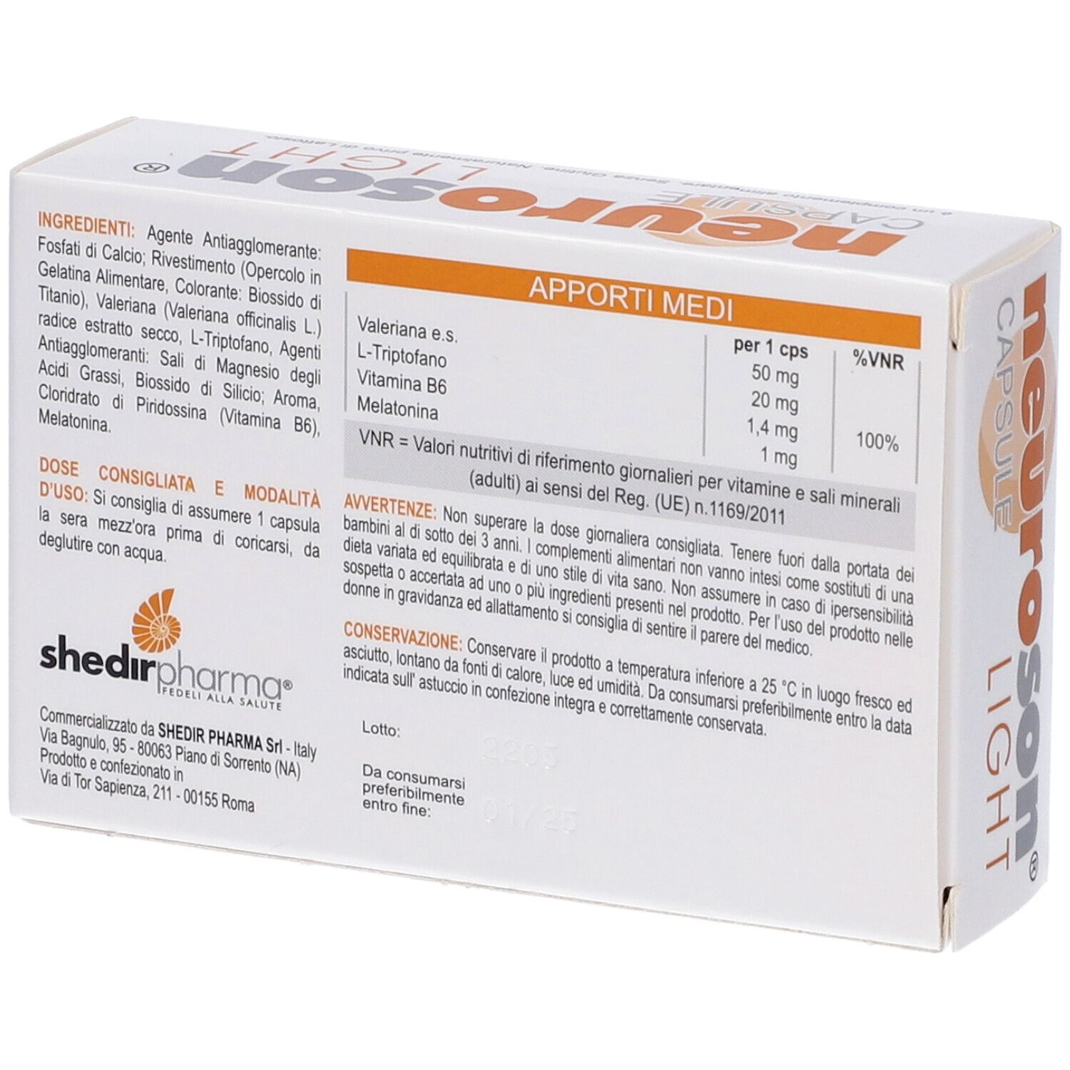 Retro della scatola di capsule Neuroson Light. Contiene ingredienti, dosaggio e avvertenze.