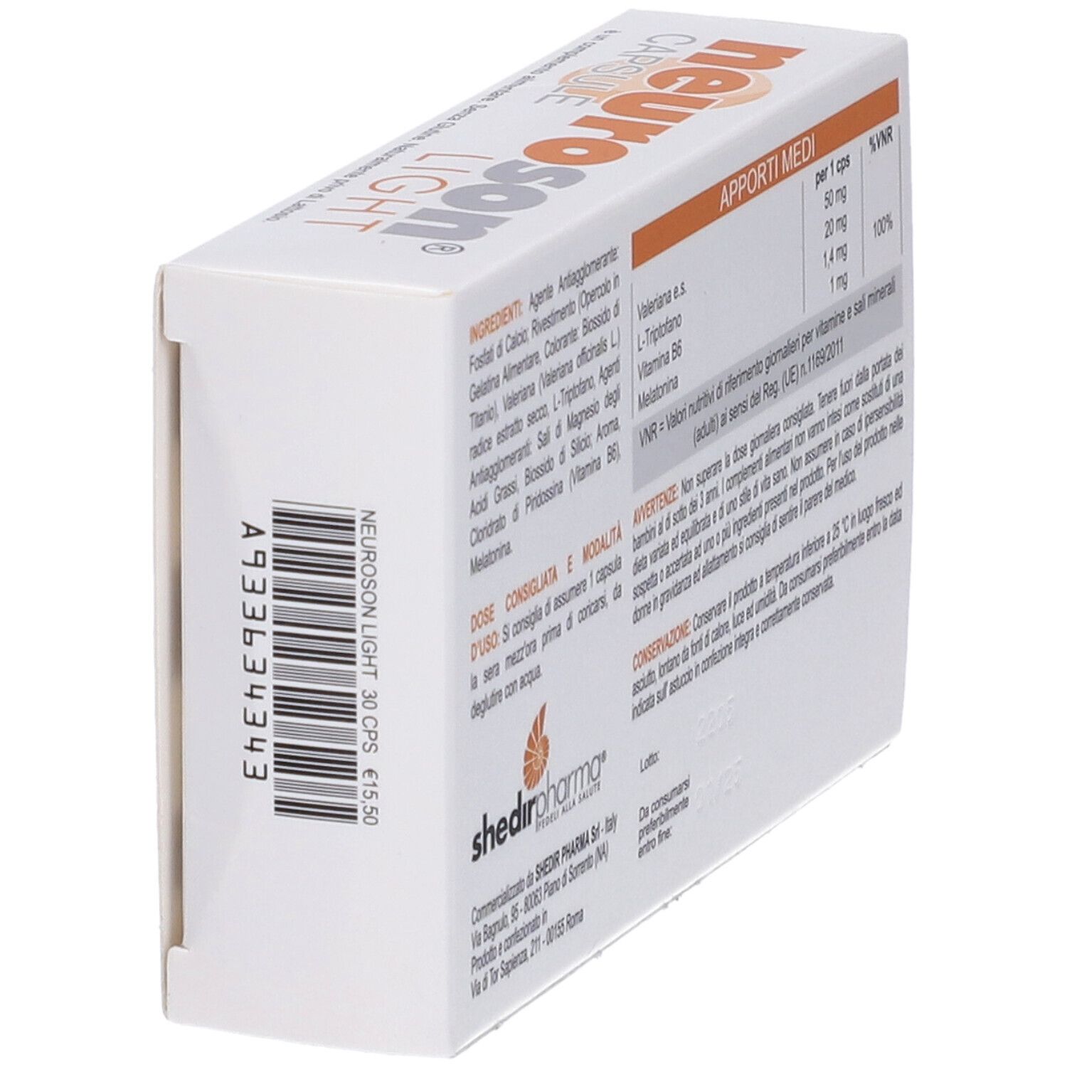 Retro della scatola di capsule Neuroson Light. Contiene ingredienti, dosaggio e avvertenze.
