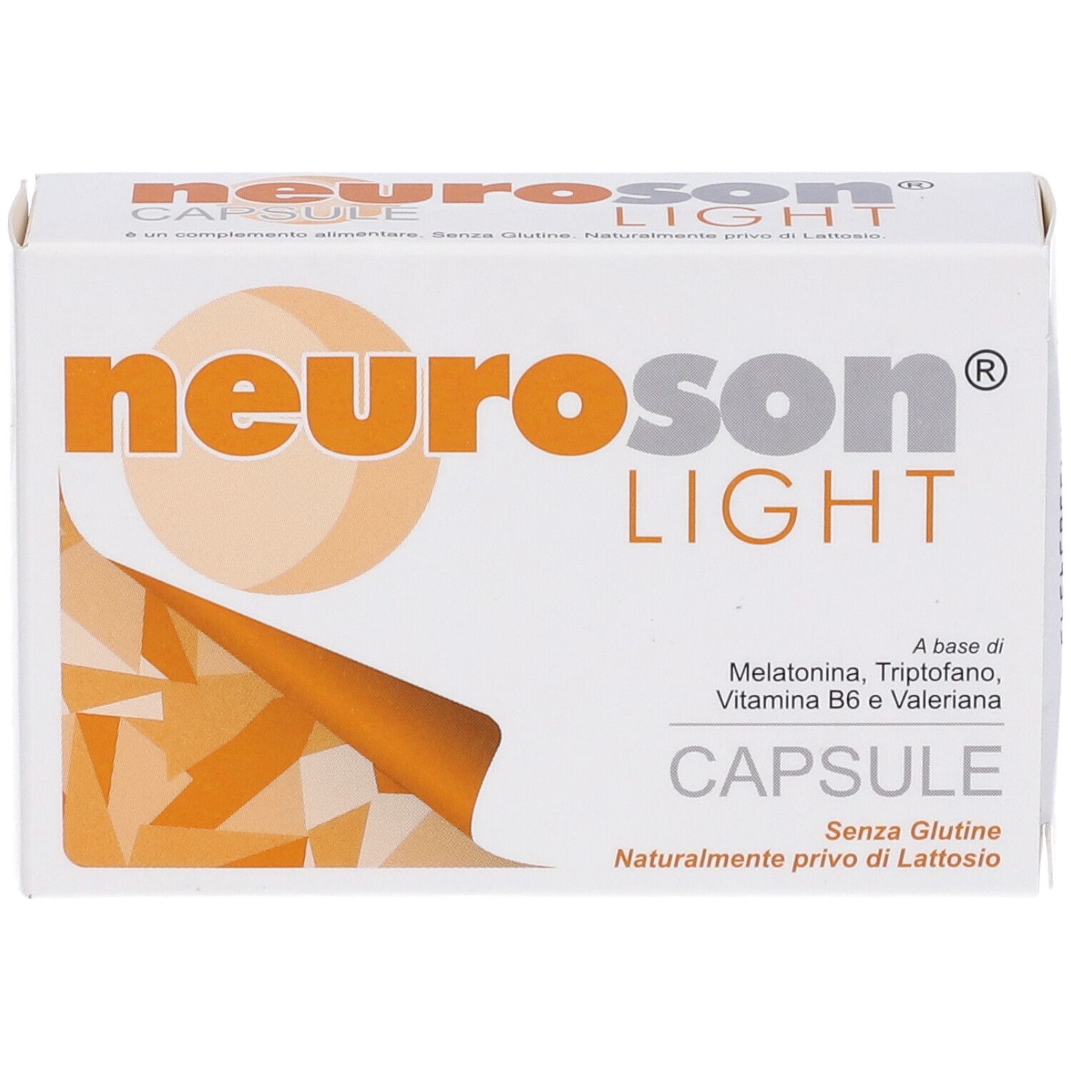 Scatola di capsule Neuroson Light. Scatola bianca con logo arancione e informazioni sul prodotto.