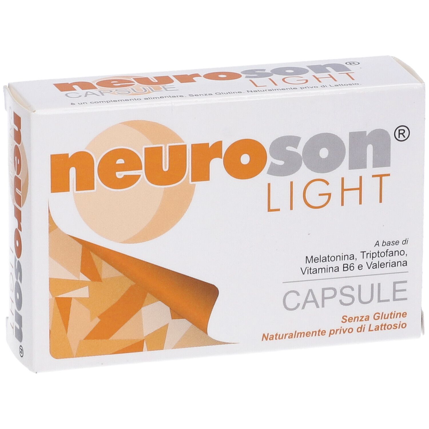 Scatola di capsule Neuroson Light. Scatola bianca con logo arancione e informazioni sul prodotto.