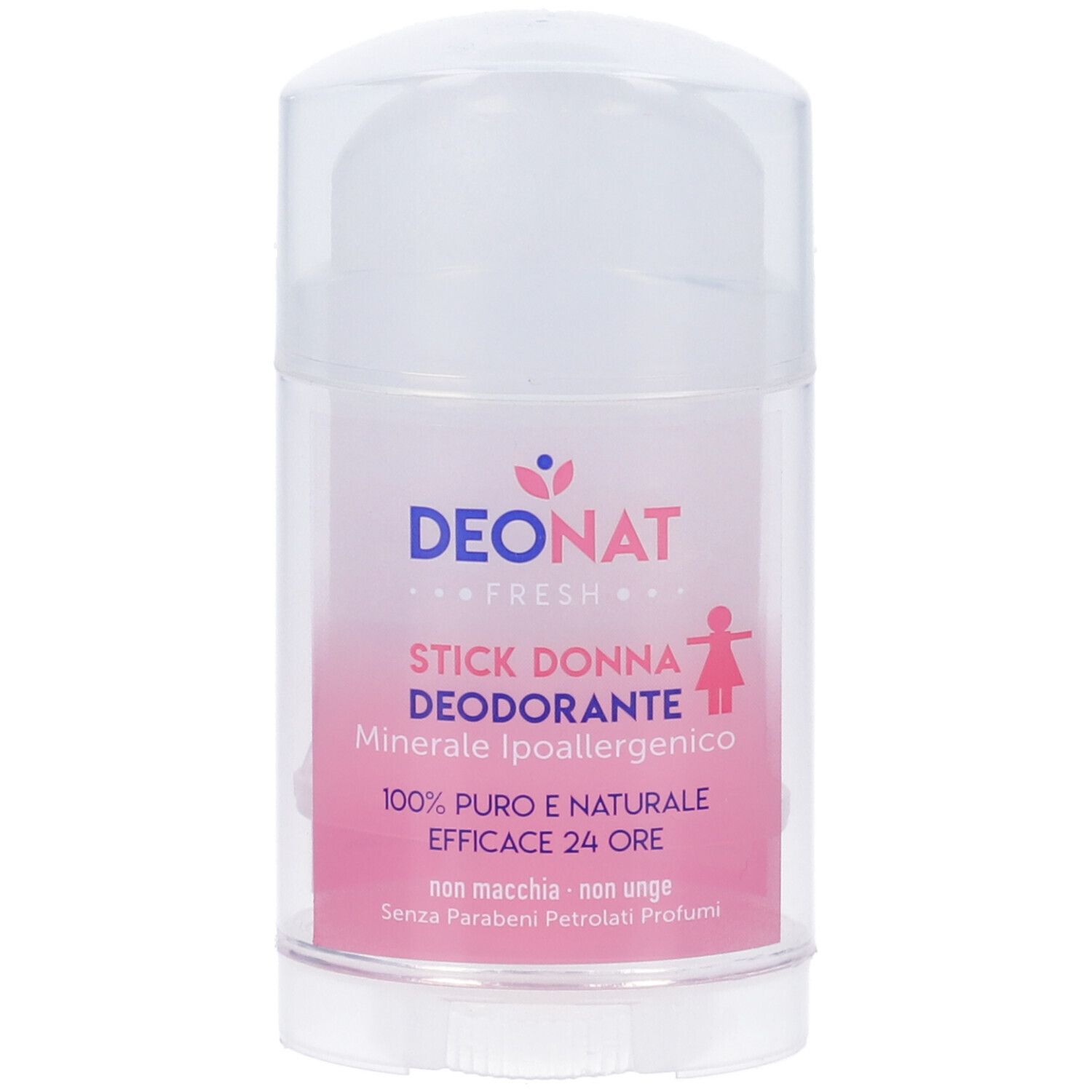 Stick deodorante con etichetta rosa. Testo: Deonat Fresh, Stick Donna, Deodorante. Tappo trasparente.