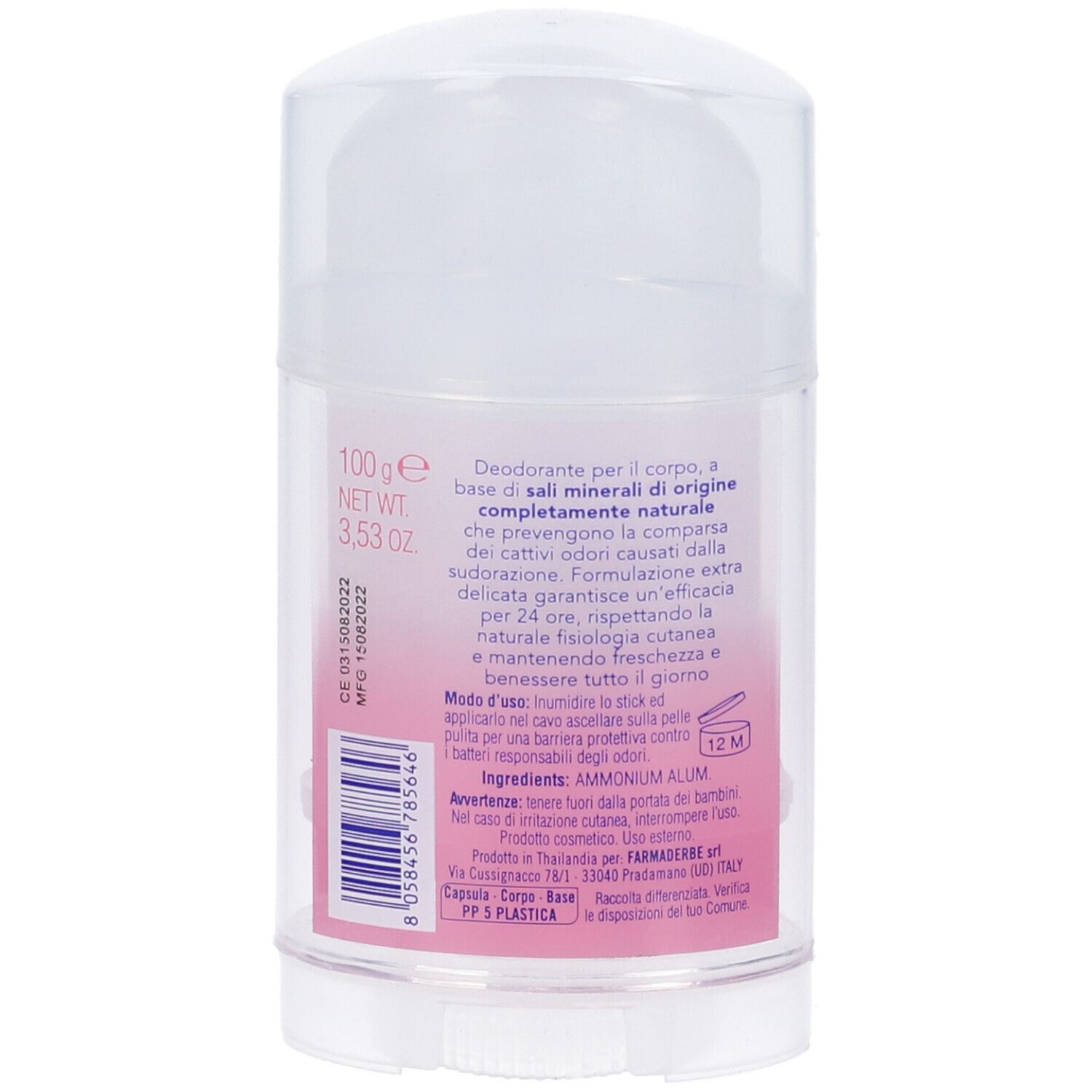 Retro dello stick deodorante. Etichetta rosa con testo. Confezione trasparente. 100g. Simbolo 12M.