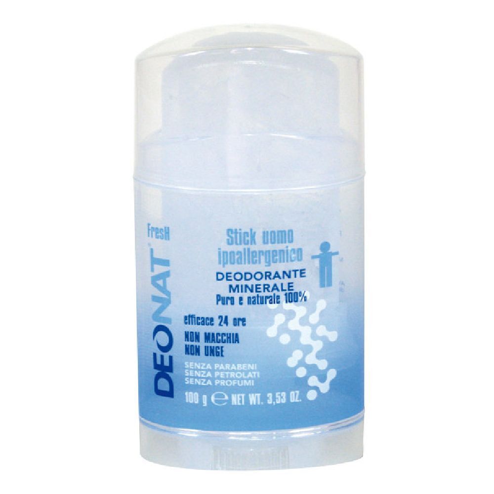 Stick deodorante con etichetta blu. Testo: Deonat, Fresh, Stick Uomo, Deodorante Minerale, ipoallergenico, efficace 24 ore.