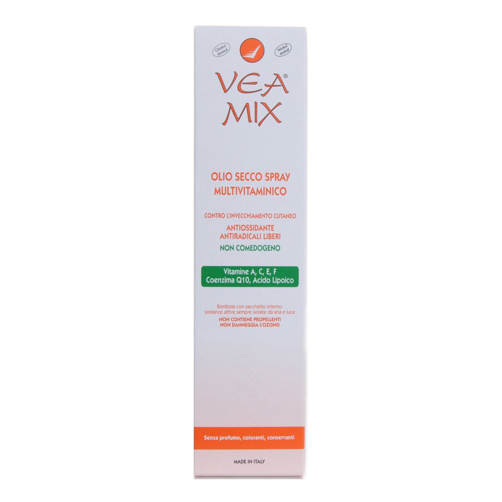 Emballage VEA MIX. Haut : logo et nom du produit. Texte : Spray huile sèche, multivitamines. Ingrédients : vitamines, CoQ10, acide lipoïque. Fabriqué en Italie.