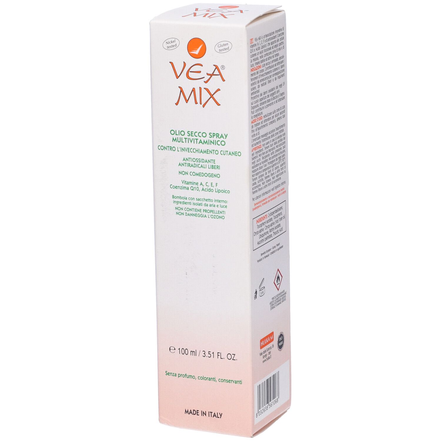 Emballage VEA MIX. Nom du produit et ingrédients. Volume : 100 ml. Texte : Sans parfum, colorants, conservateurs. Fabriqué en Italie. Texte au dos.