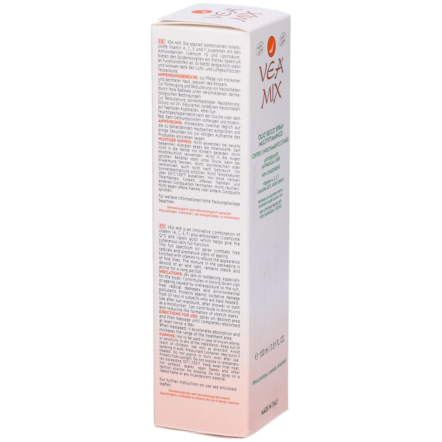Emballage VEA MIX. Texte au dos. Description du produit et instructions d'utilisation. Volume : 100 ml. Fabriqué en Italie. Avertissements et consignes de sécurité.