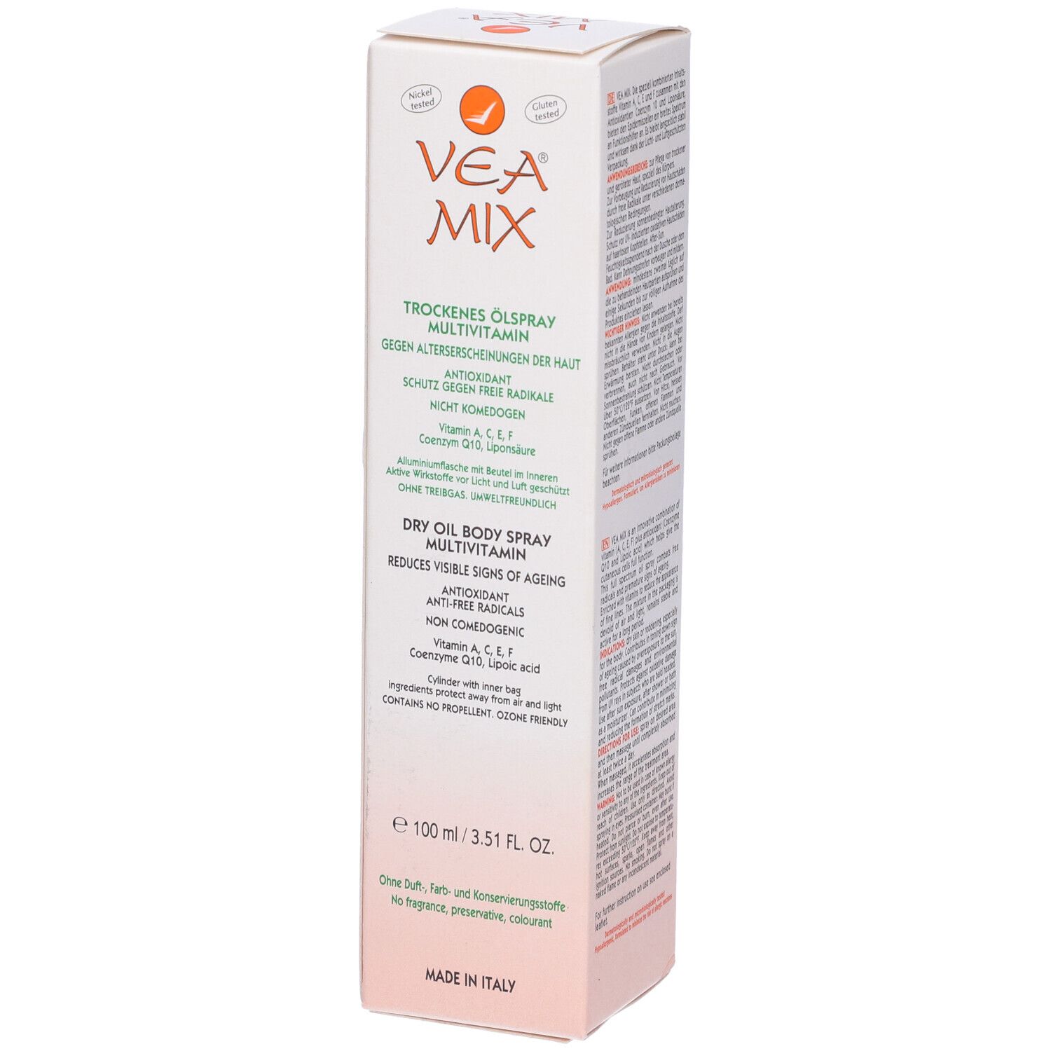 Emballage VEA MIX. Nom du produit et ingrédients. Volume : 100 ml. Texte : Sans parfum, colorants, conservateurs. Fabriqué en Italie. Texte au dos.