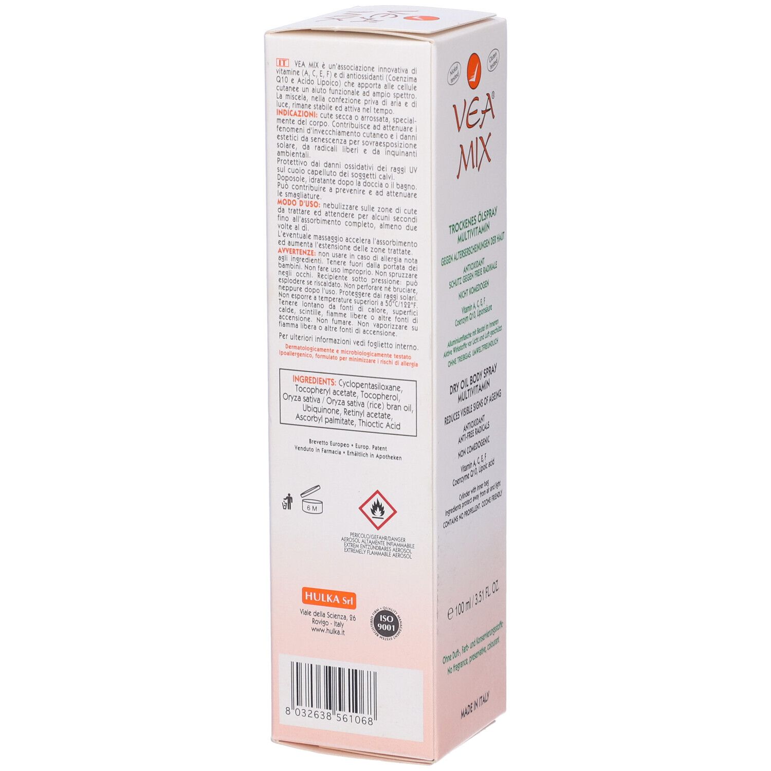 Emballage VEA MIX. Texte au dos. Description du produit et instructions d'utilisation. Volume : 100 ml. Fabriqué en Italie. Avertissements et consignes de sécurité.