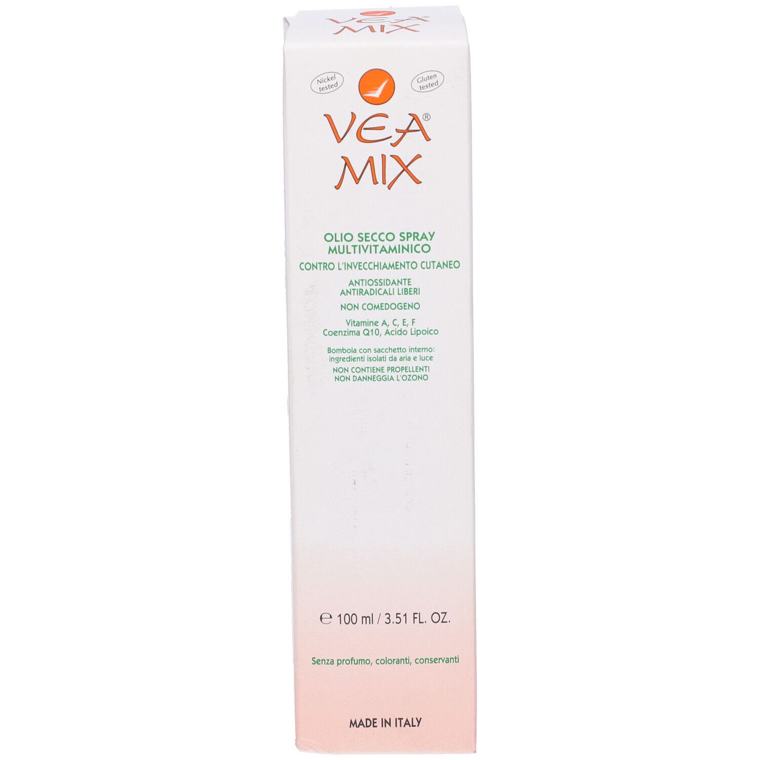 Emballage VEA MIX. Nom du produit et ingrédients. Volume : 100 ml. Texte : Sans parfum, colorants, conservateurs. Fabriqué en Italie. Texte au dos.
