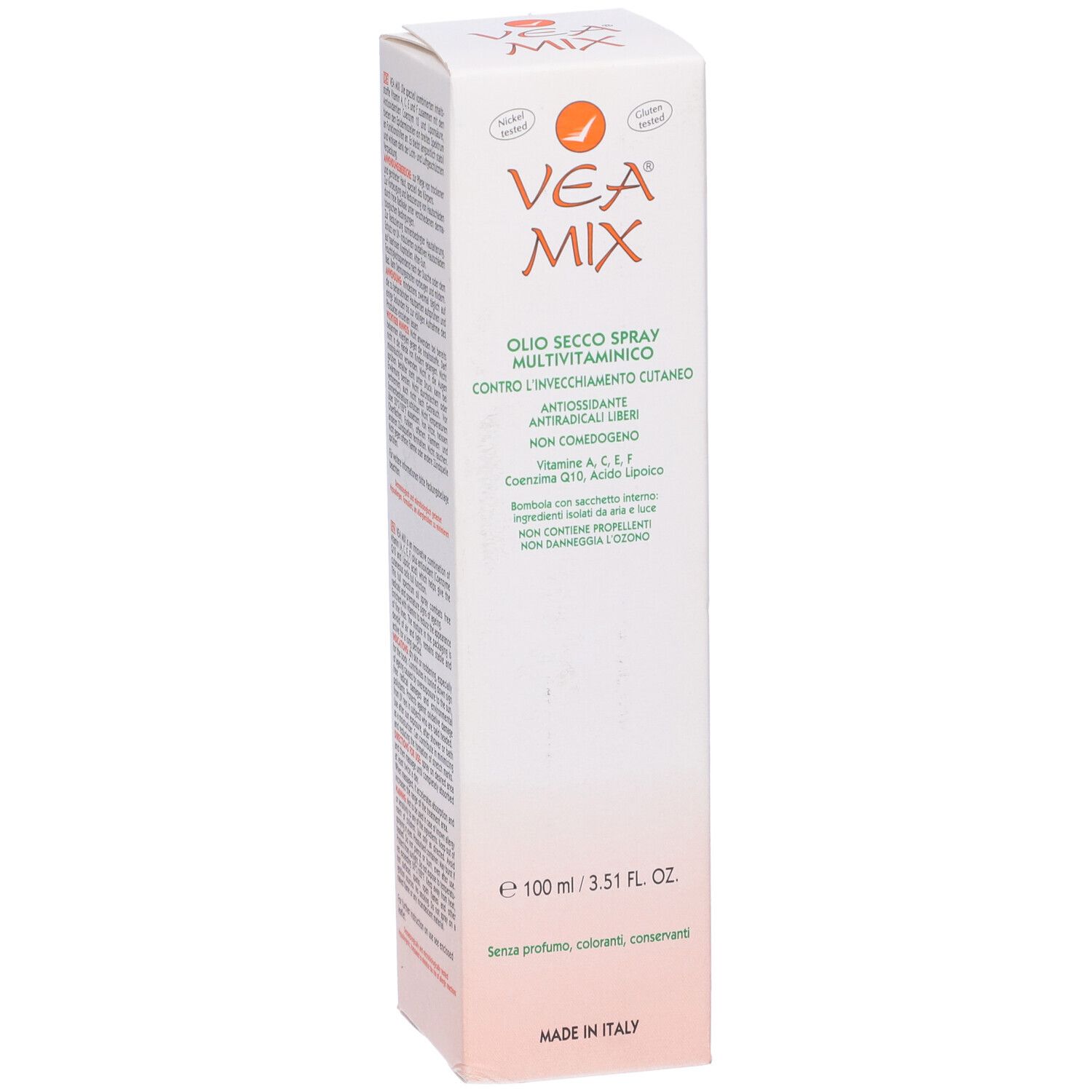 Emballage VEA MIX. Nom du produit et ingrédients. Volume : 100 ml. Texte : Sans parfum, colorants, conservateurs. Fabriqué en Italie. Texte au dos.