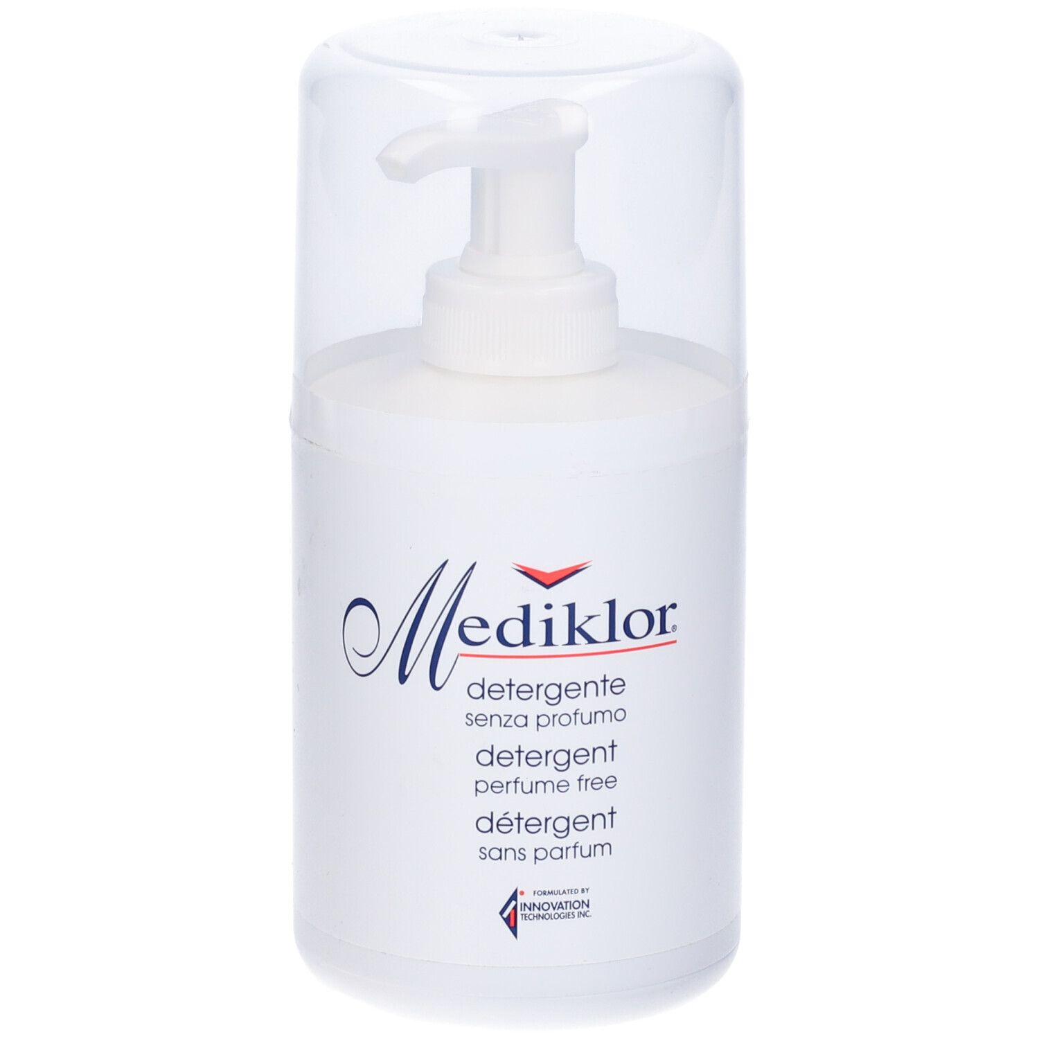 Flacone bianco con dosatore e coperchio trasparente. Scritta Mediklor, sotto 'detergente senza profumo'.