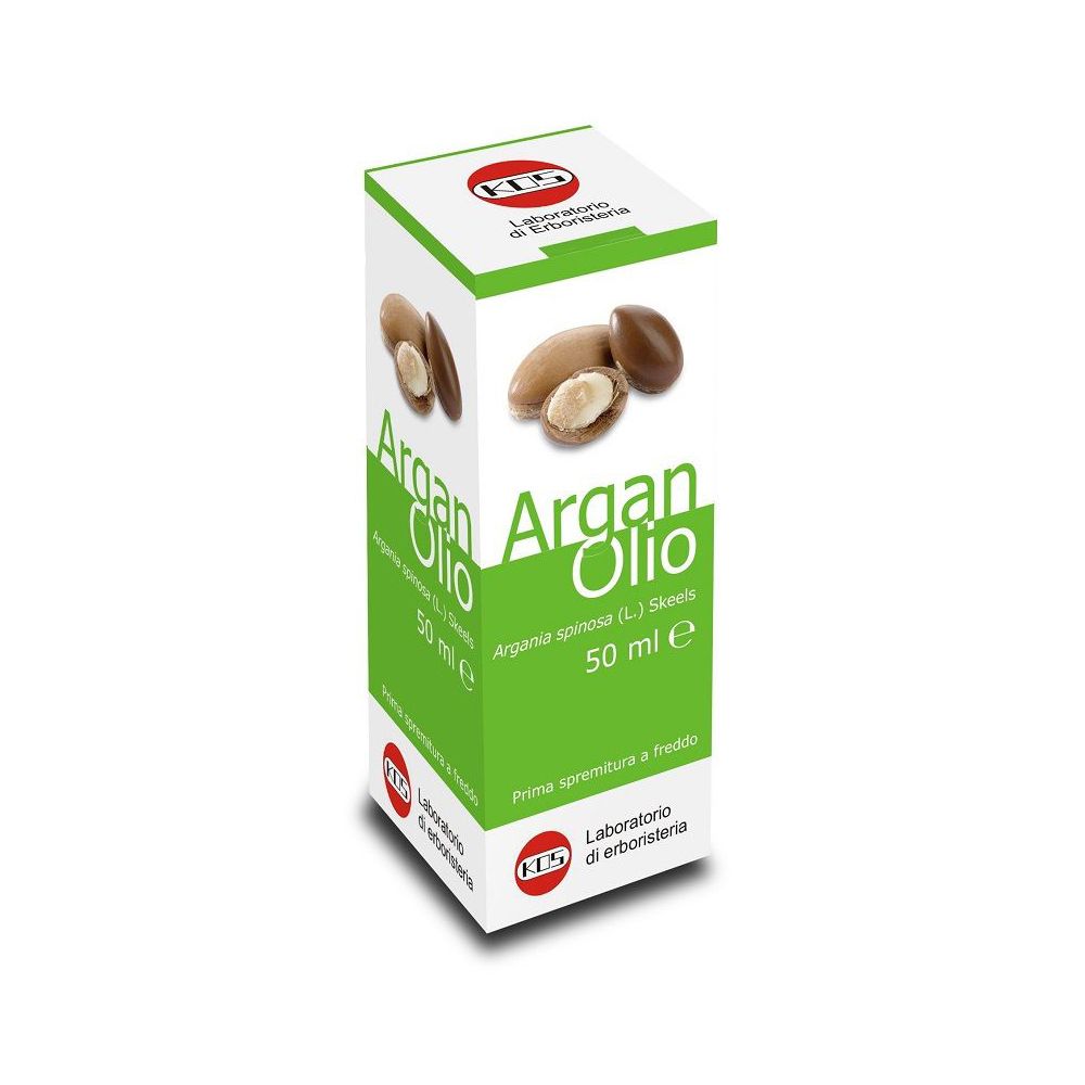 Confezione di KOS Olio Di Argan. Scritta "Argan Olio" e "50 ml e". Illustrazione di frutti di argan. Logo KOS.