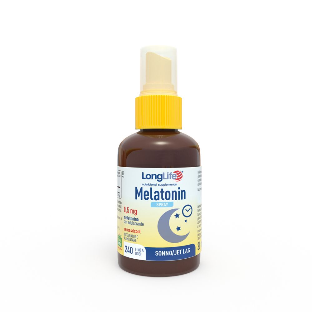 Flacone spray marrone con erogatore giallo. Scritta: LongLife Melatonin Spray. Simbolo luna e stelle. Testo: Sonno/Jet Lag.