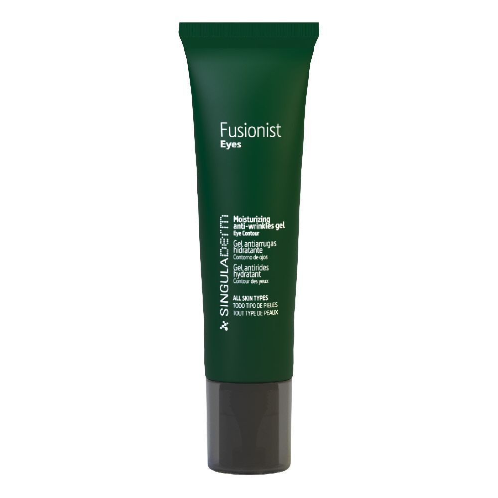 Tubo verde con tappo nero. Scritta: Fusionist Eyes, SingulaDerm. Contiene gel per il contorno occhi.