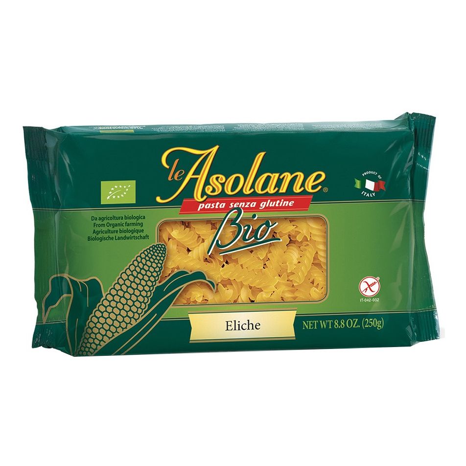 Confezione di Le Asolane Bio Eliche. Confezione verde con finestra. Contiene pasta Eliche bio. Senza glutine.