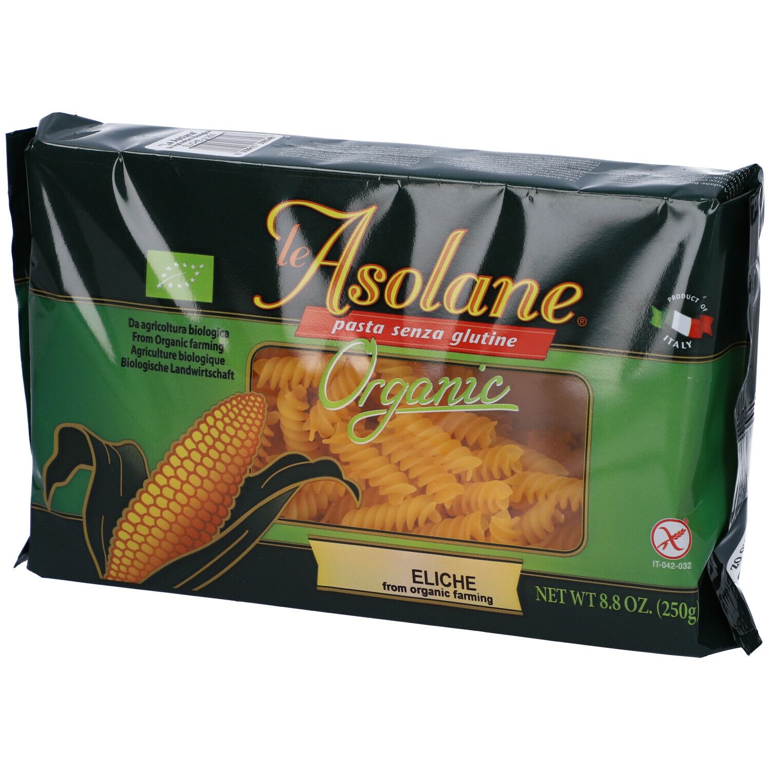 Confezione di Le Asolane Bio Eliche. Confezione verde con finestra. Contiene pasta Eliche bio. Senza glutine.