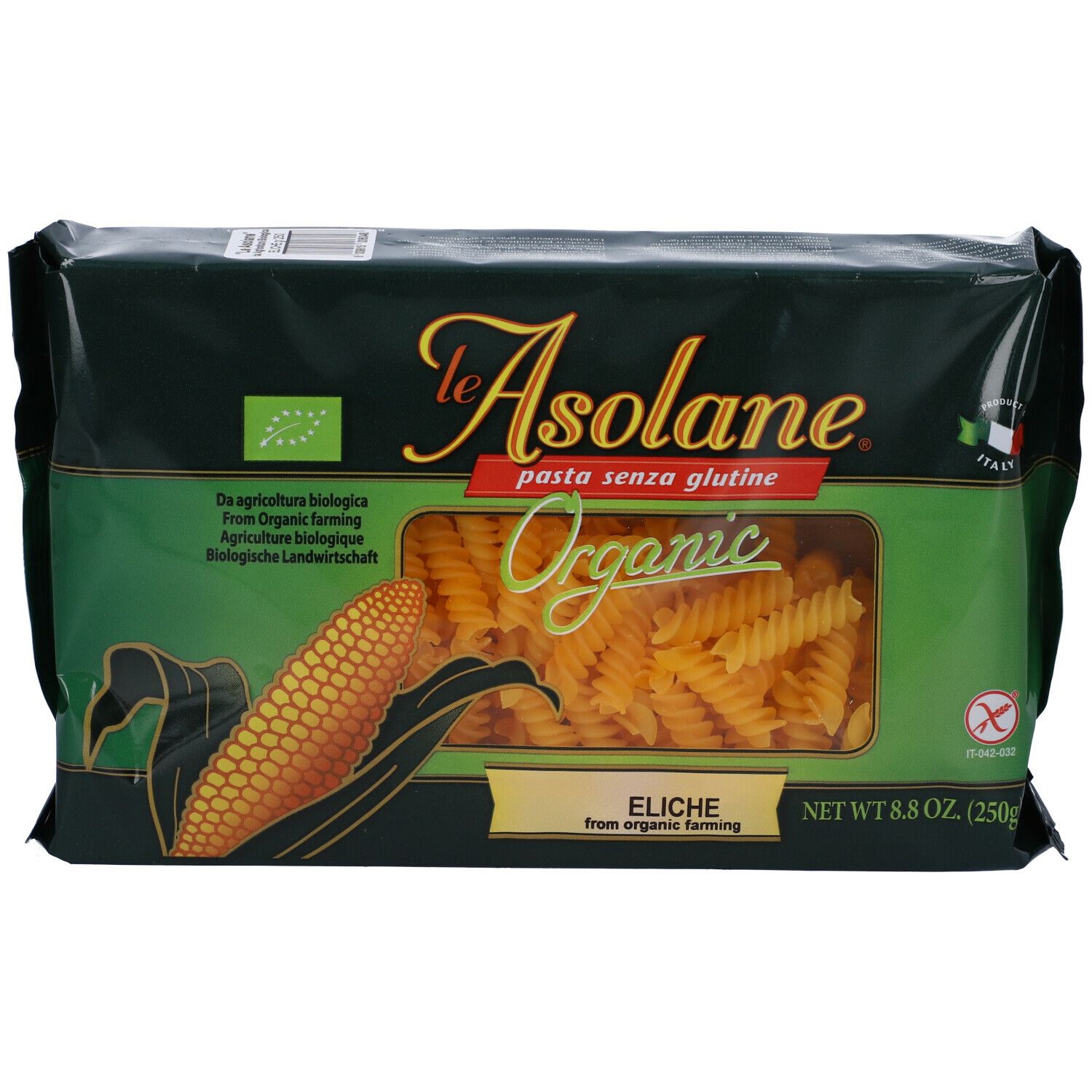 Confezione di Le Asolane Bio Eliche. Confezione verde con finestra. Contiene pasta Eliche bio. Senza glutine.