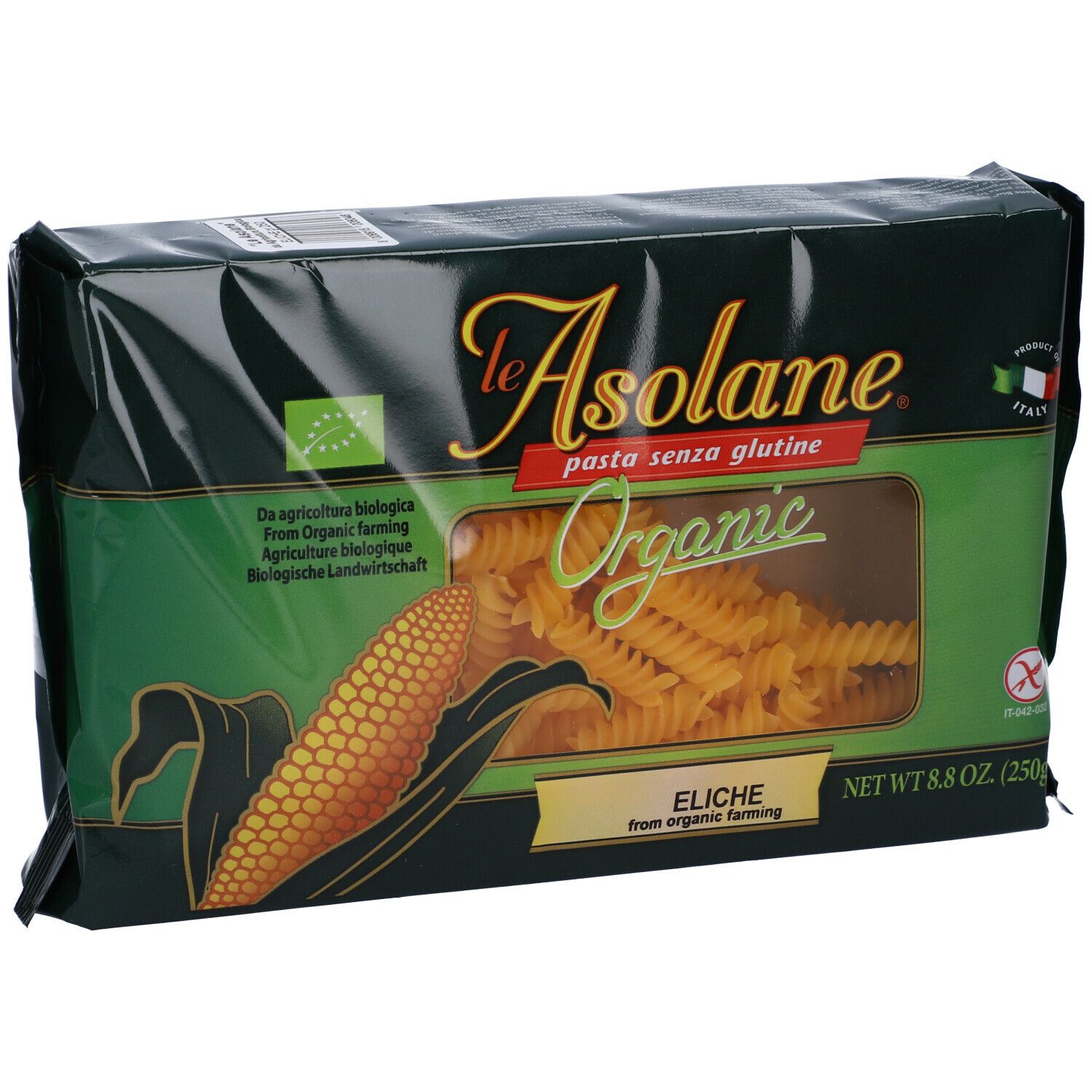 Confezione di Le Asolane Bio Eliche. Confezione verde con finestra. Contiene pasta Eliche bio. Senza glutine.