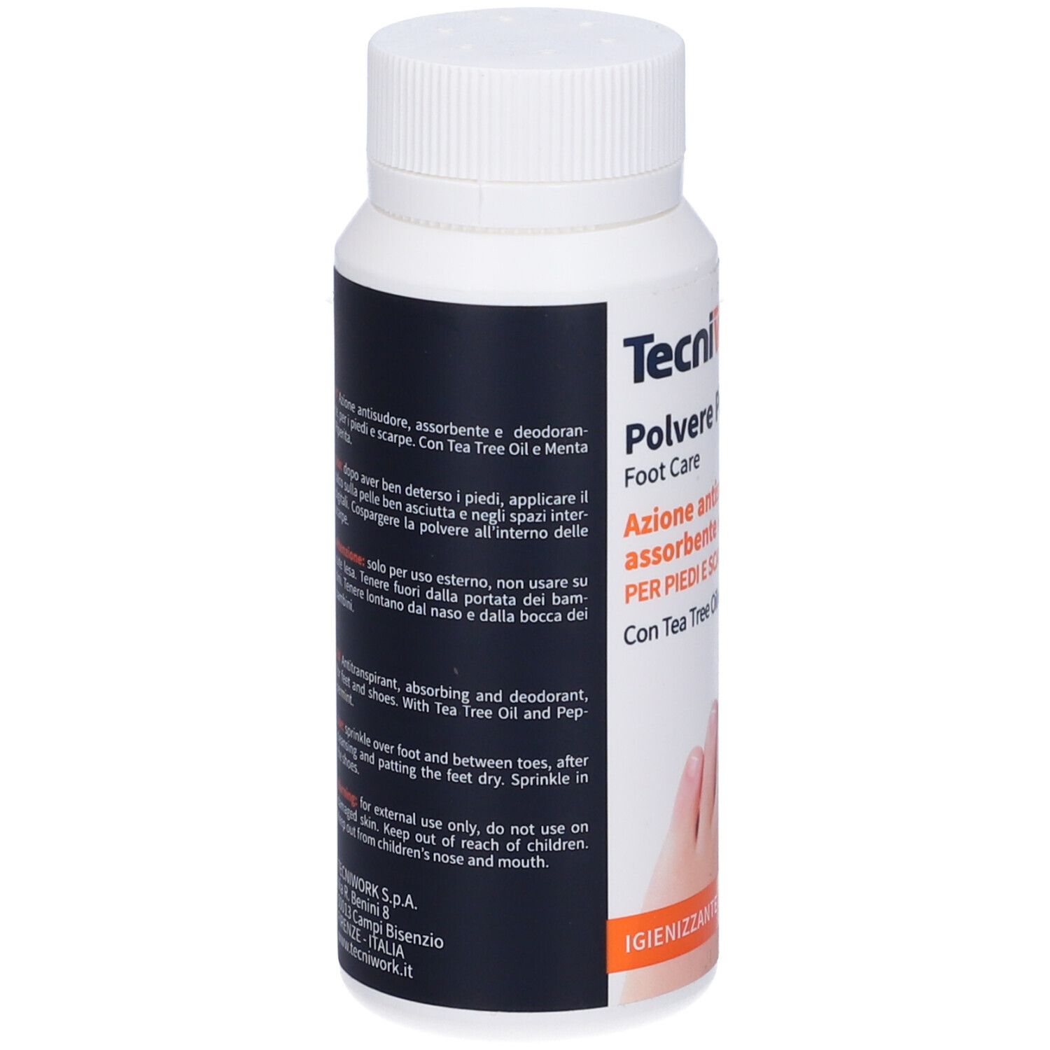 Weiße Flasche, Rückseite. Text: Azione antisudore, assorbente e deodorante. Gebrauchsanweisung in Italienisch und Englisch.