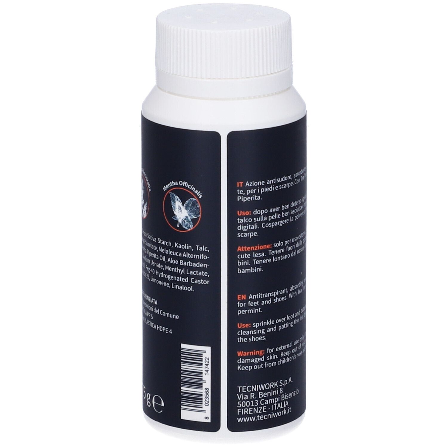 Rückseite der weißen Flasche. Text: Inhaltsstoffe, Gebrauchsanweisung, Herstellerinformationen. 75g.