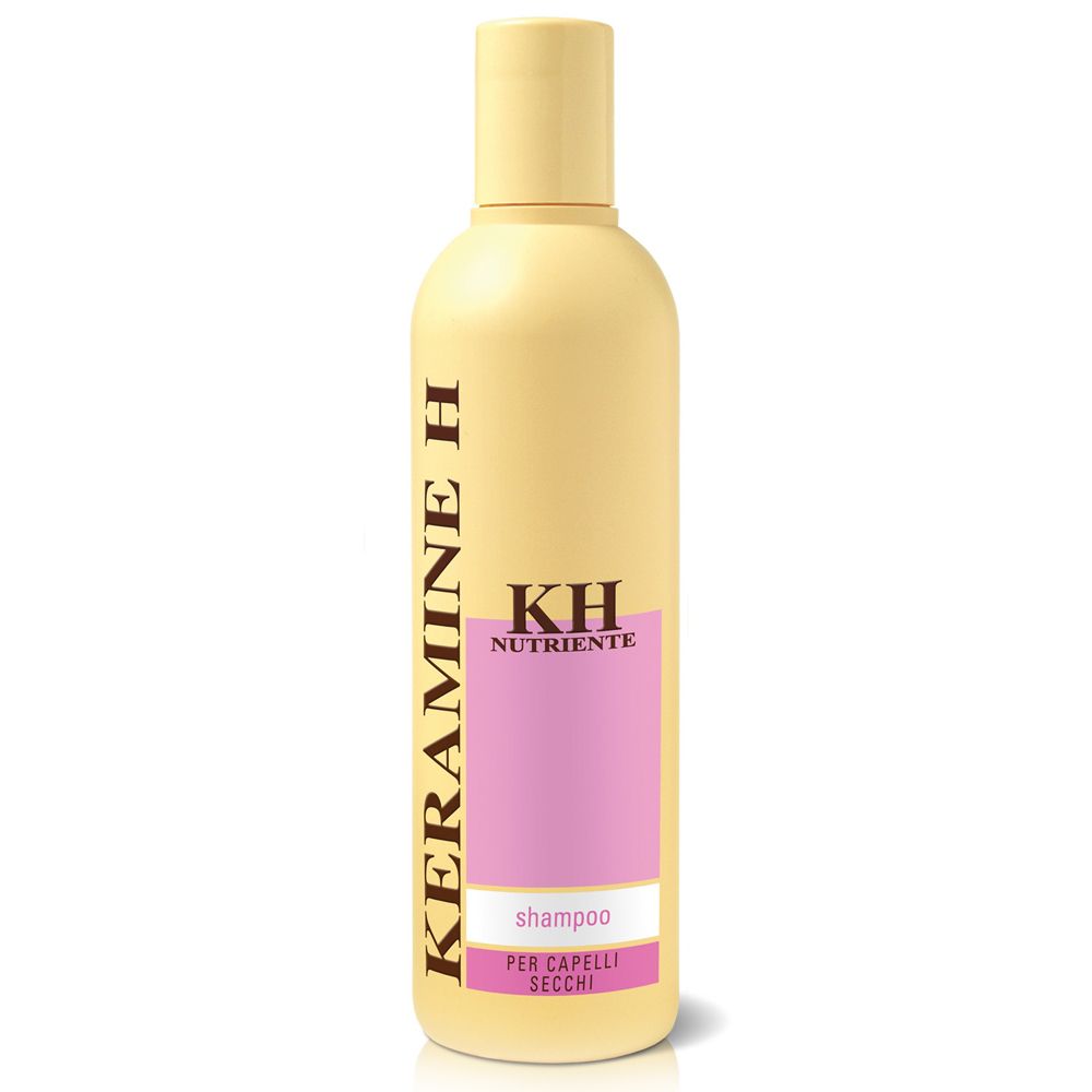 Helles gelbes Shampoo-Flasche mit rosa Etikett. Beschriftung: KERAMINE H, KH NUTRIENTE, shampoo, PER CAPELLI SECCHI.