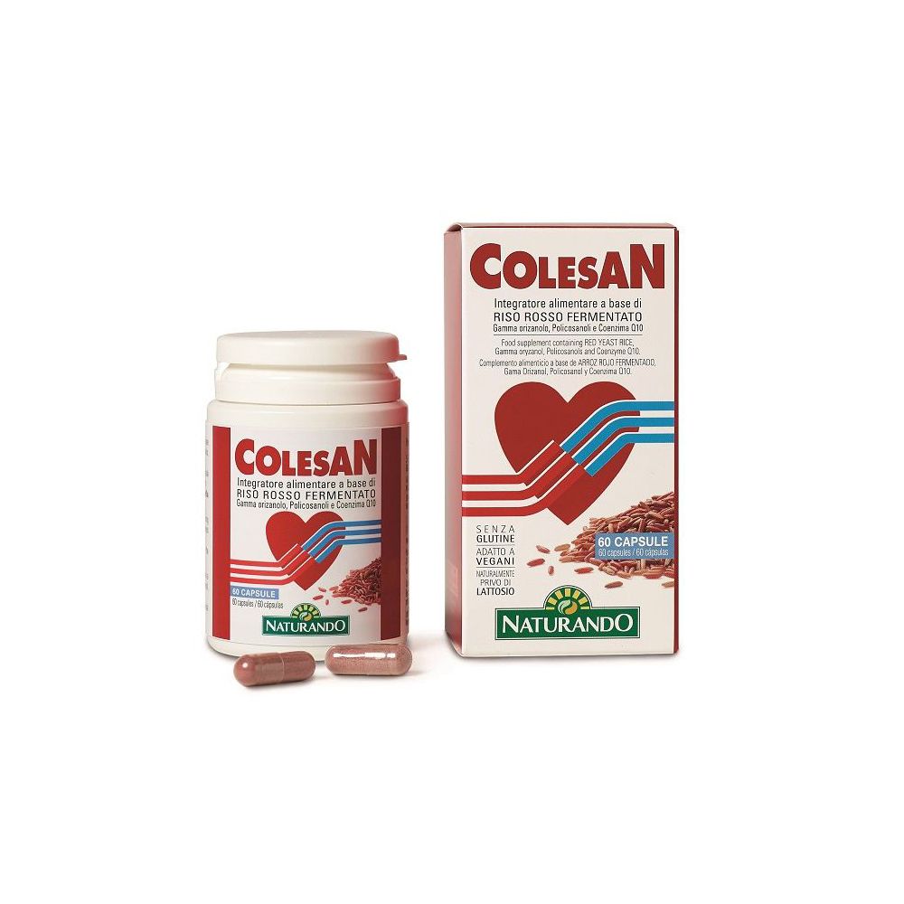Flacone e scatola Colesan. Scritta rossa, design a cuore, 60 capsule. Logo Naturando. Capsule visibili.