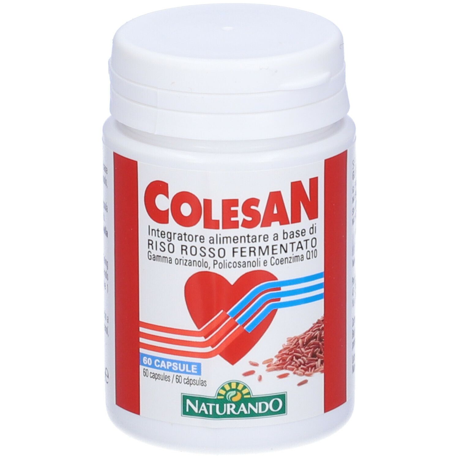 Flacone bianco Colesan, scritta rossa, design a cuore, 60 capsule. Logo Naturando. Sfondo rosso.