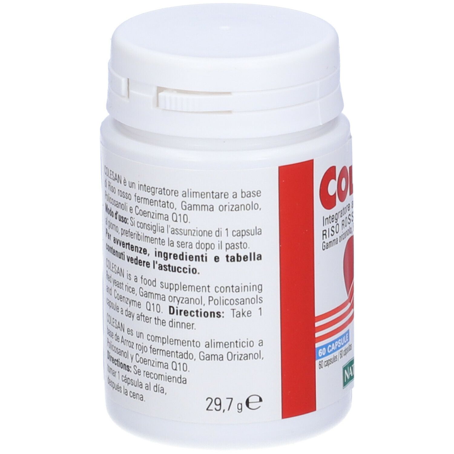 Flacone bianco Colesan, etichetta. Testo italiano. 29,7 g. Logo Naturando. Coperchio.