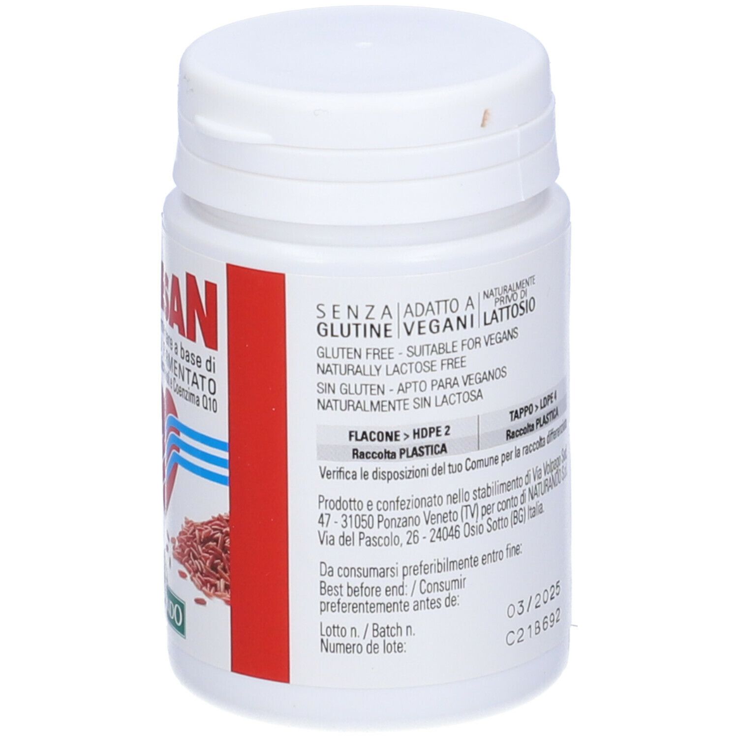 Flacone bianco Colesan, etichetta. Testo italiano. Senza glutine, vegano. Coperchio.