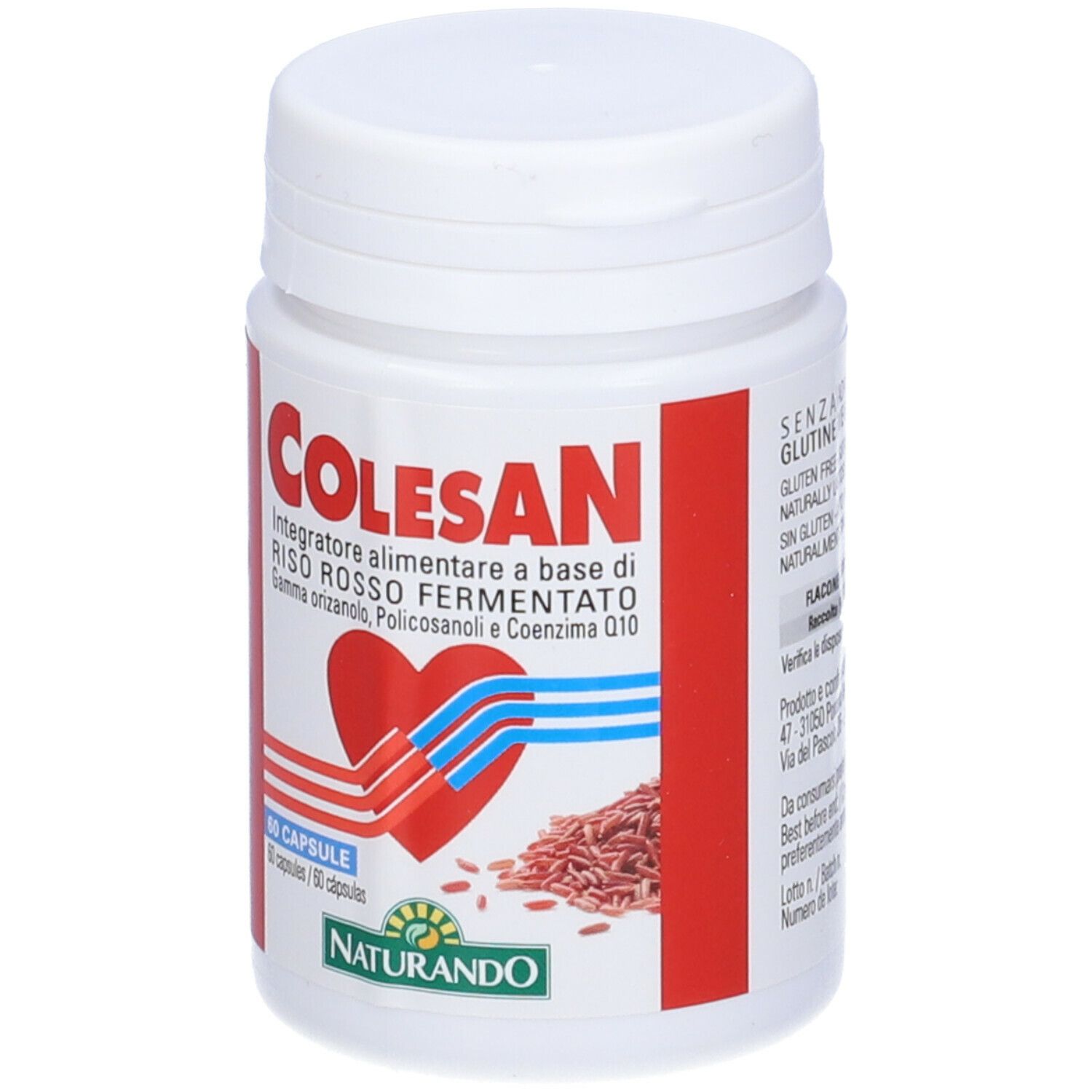 Flacone bianco Colesan, scritta rossa, design a cuore, 60 capsule. Logo Naturando. Sfondo rosso.