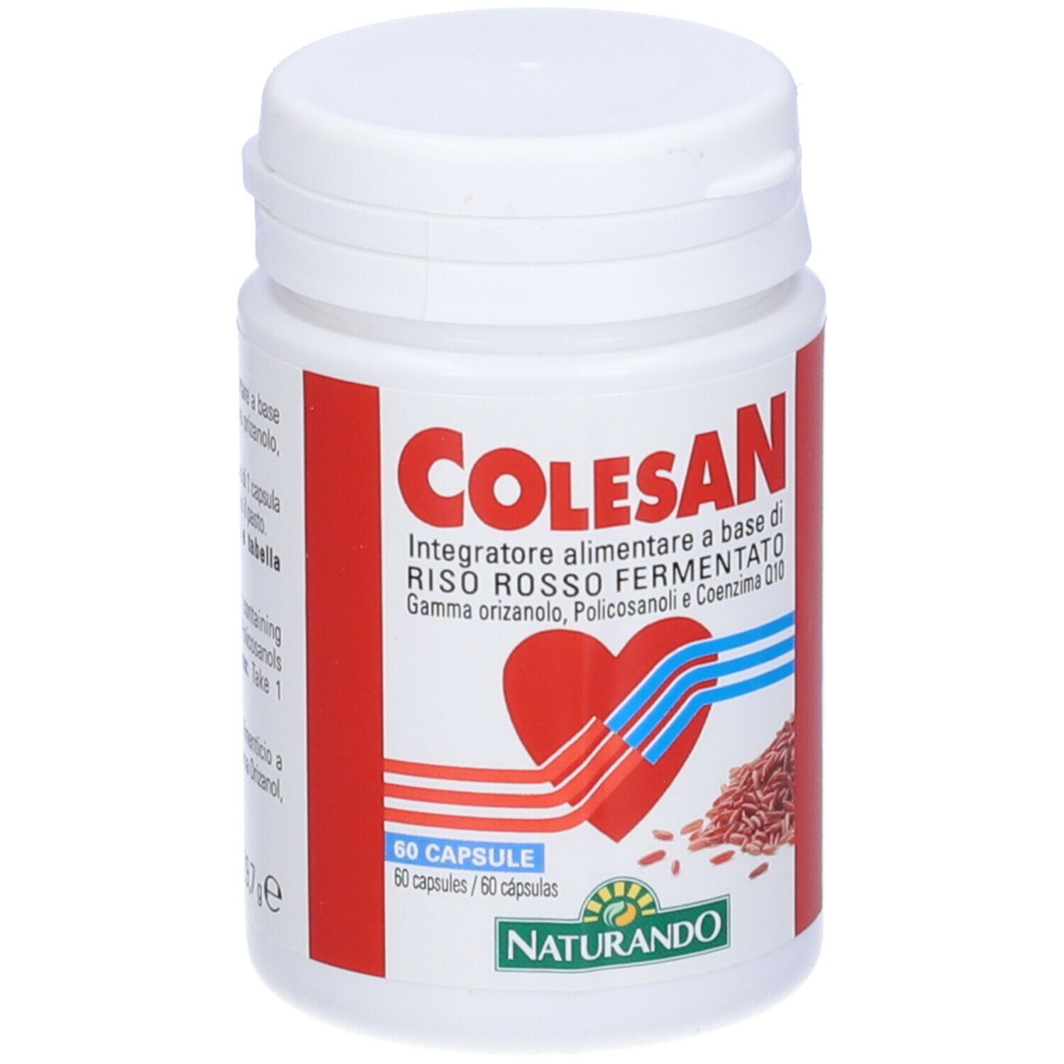 Flacone bianco Colesan, scritta rossa, design a cuore, 60 capsule. Logo Naturando. Sfondo rosso.