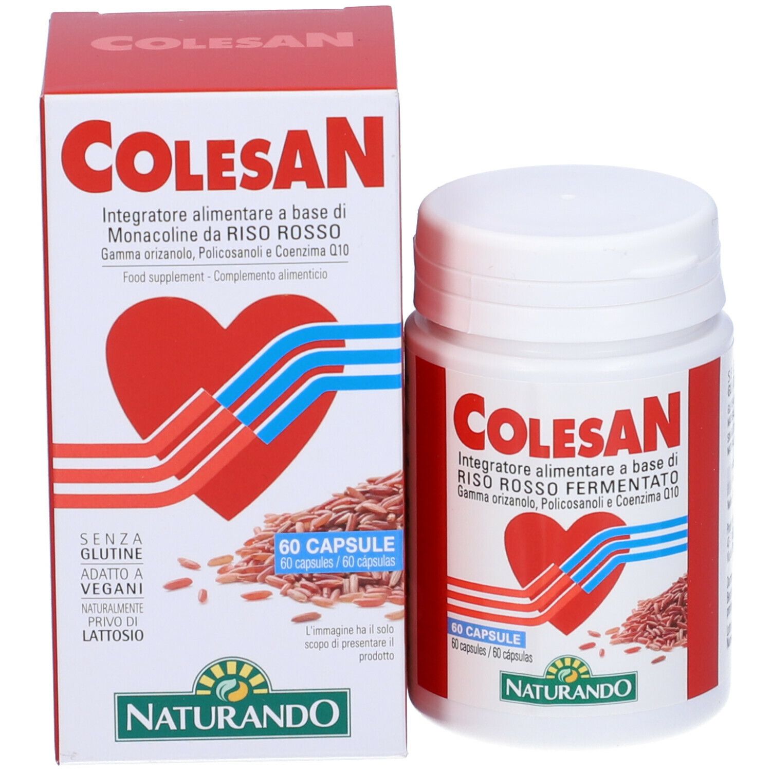 Scatola e flacone Colesan. Scritta rossa, design a cuore, 60 capsule. Logo Naturando. Senza glutine.