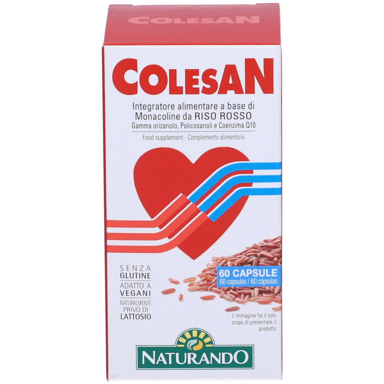 Scatola Colesan. Scritta rossa, design a cuore, 60 capsule. Logo Naturando. Senza glutine, vegano.