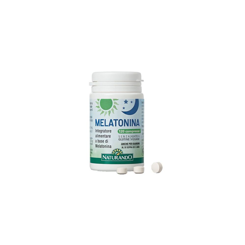 Flacone bianco con Melatonina 120 compresse. Compresse visibili. Marca: Naturando.