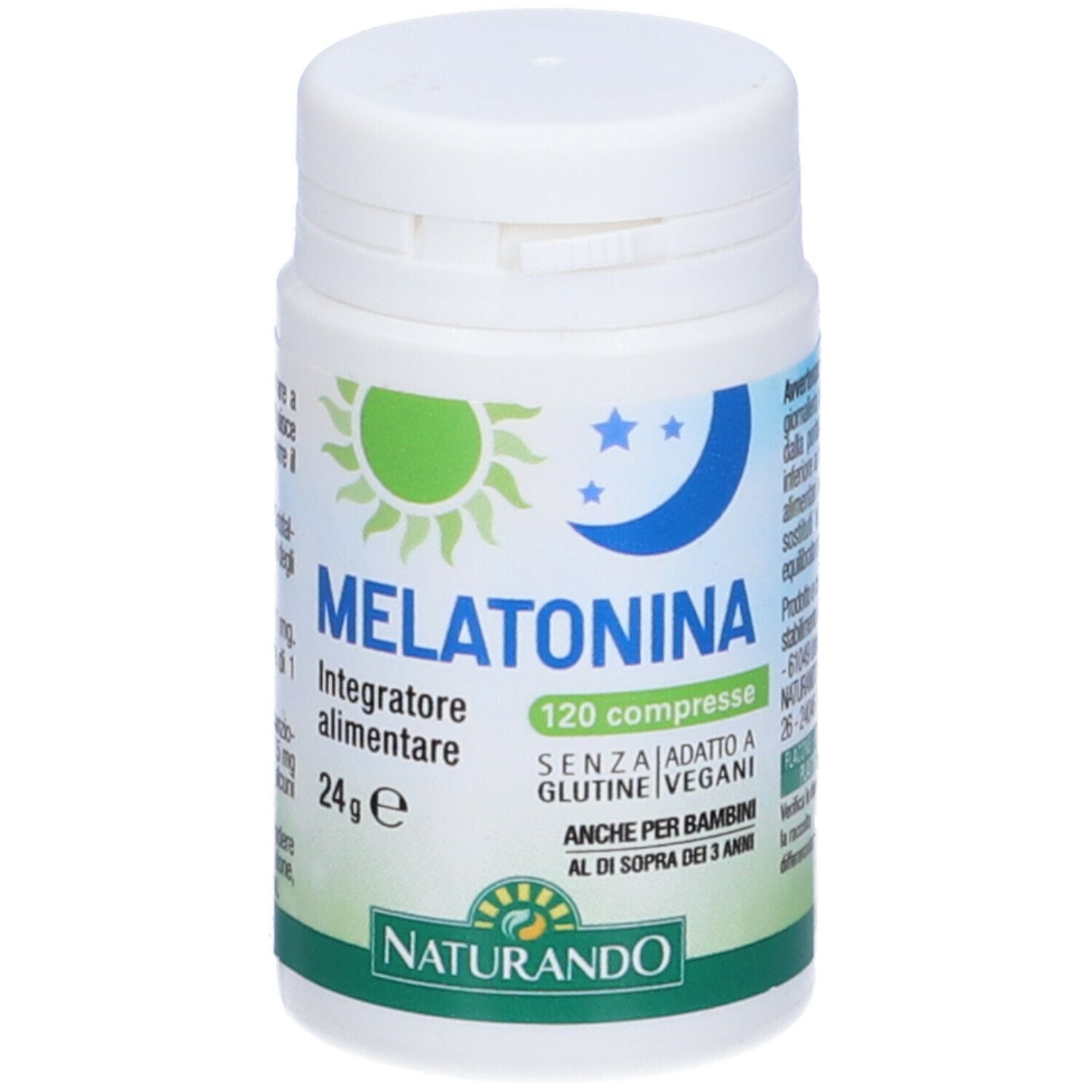 Flacone bianco con Melatonina 120 compresse. Scritta: Integratore alimentare. Marca: Naturando.