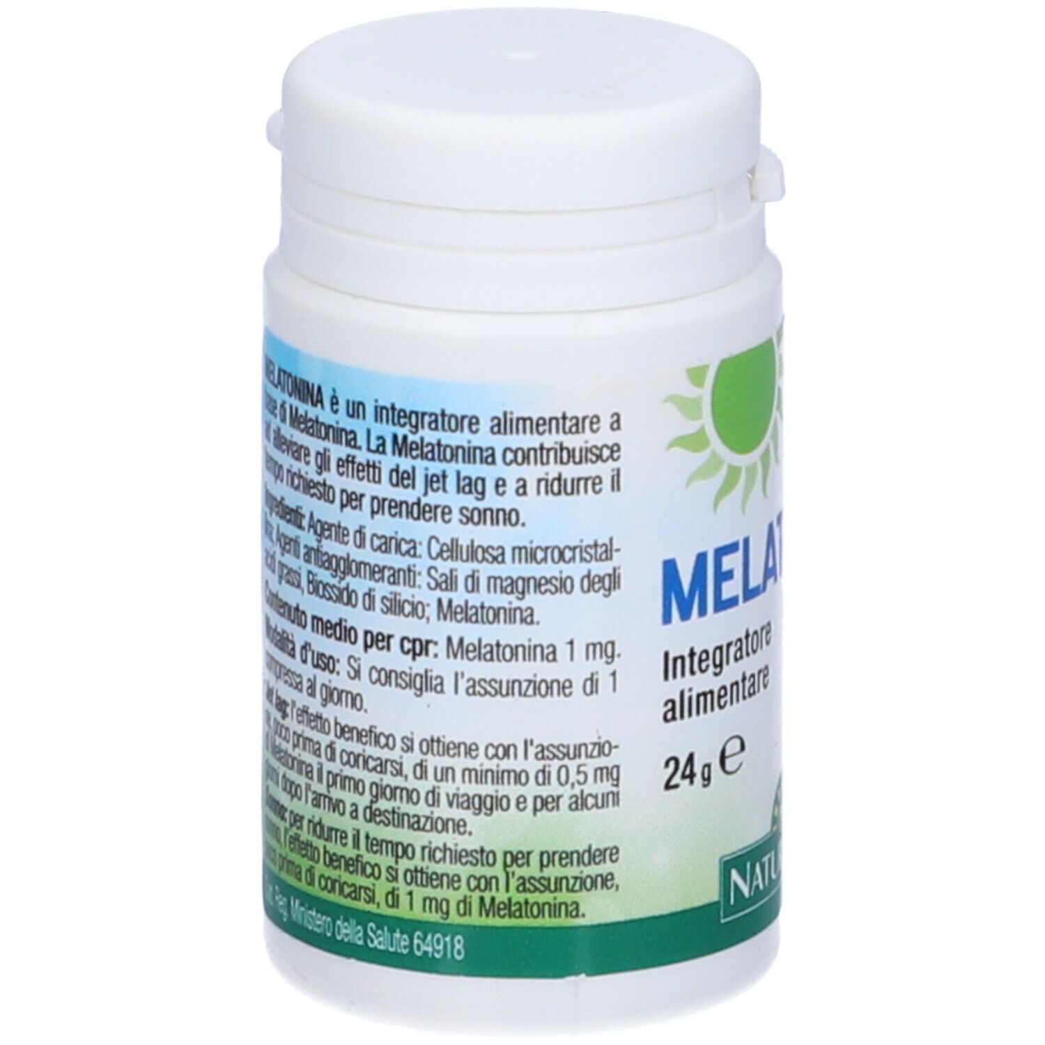 Retro del flacone bianco di Melatonina. Testo: ingredienti, modalità d'uso, data di scadenza.