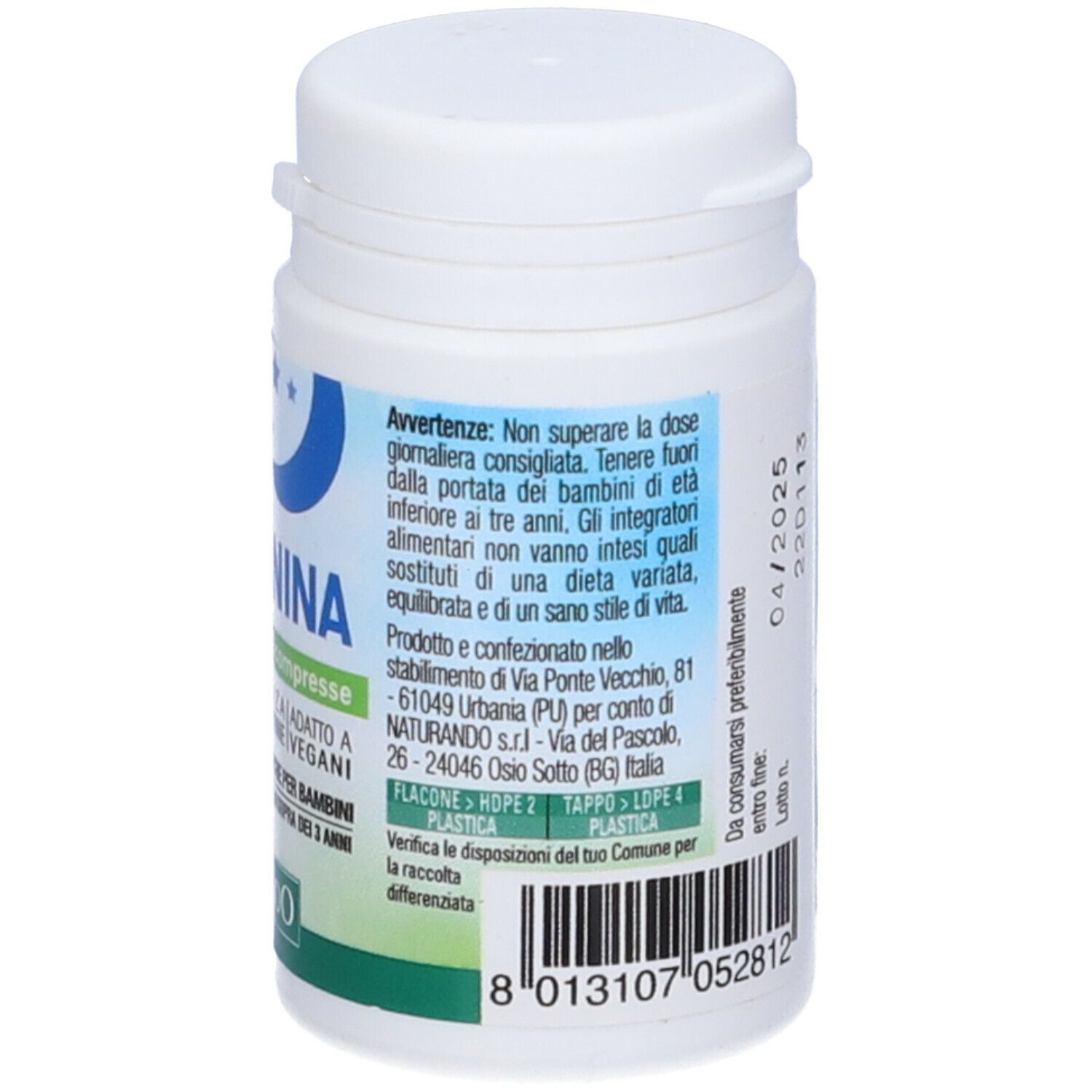 Retro del flacone bianco di Melatonina. Testo: avvertenze, informazioni produttore, istruzioni riciclo.