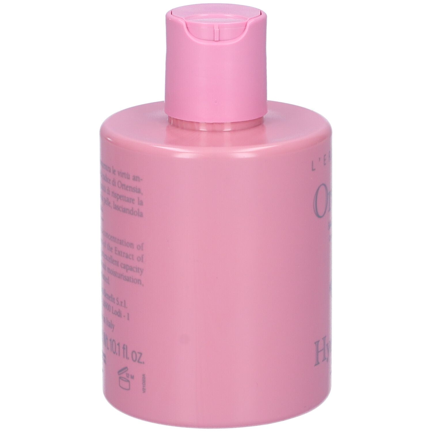 Rosa Flasche mit Aufschrift Ortensia und Hydrangea. Produktname und Marke sichtbar. Mit Klappverschluss.