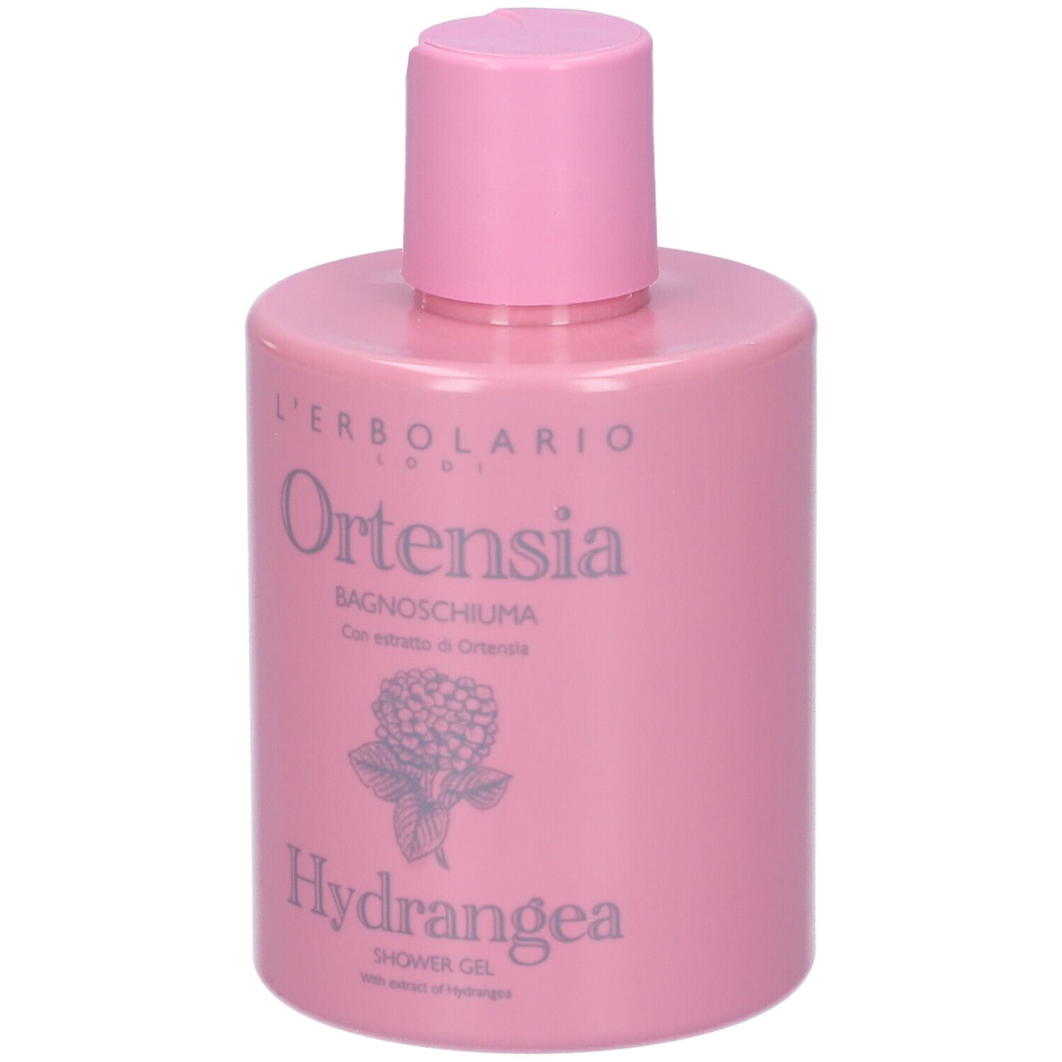 Rosa Flasche mit Aufschrift Ortensia und Hydrangea. Produktname und Marke sichtbar. Mit Klappverschluss.