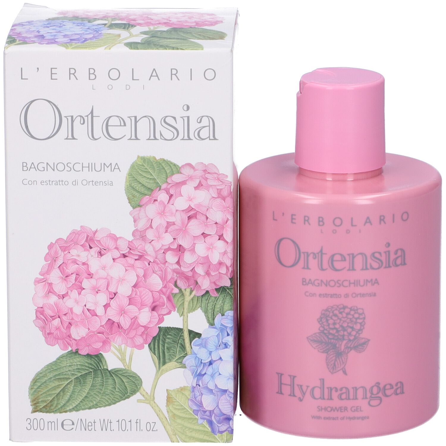 Rosa Flasche und Karton mit Aufschrift Ortensia. Abbildung von Hortensienblüten. Produktname und Marke sichtbar.