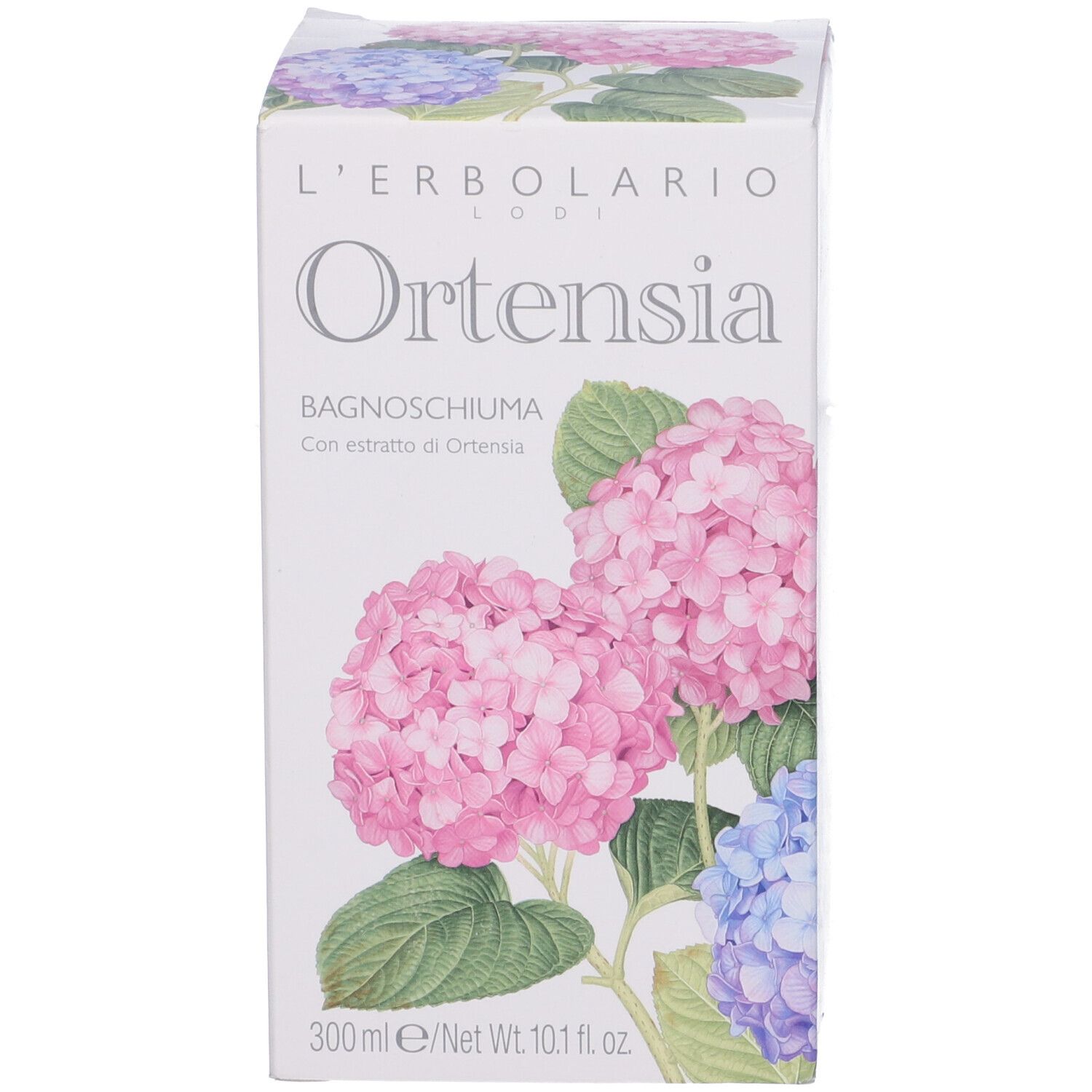 Karton mit Aufschrift Ortensia. Abbildung von Hortensienblüten. Produktname und Marke sichtbar. 300 ml.