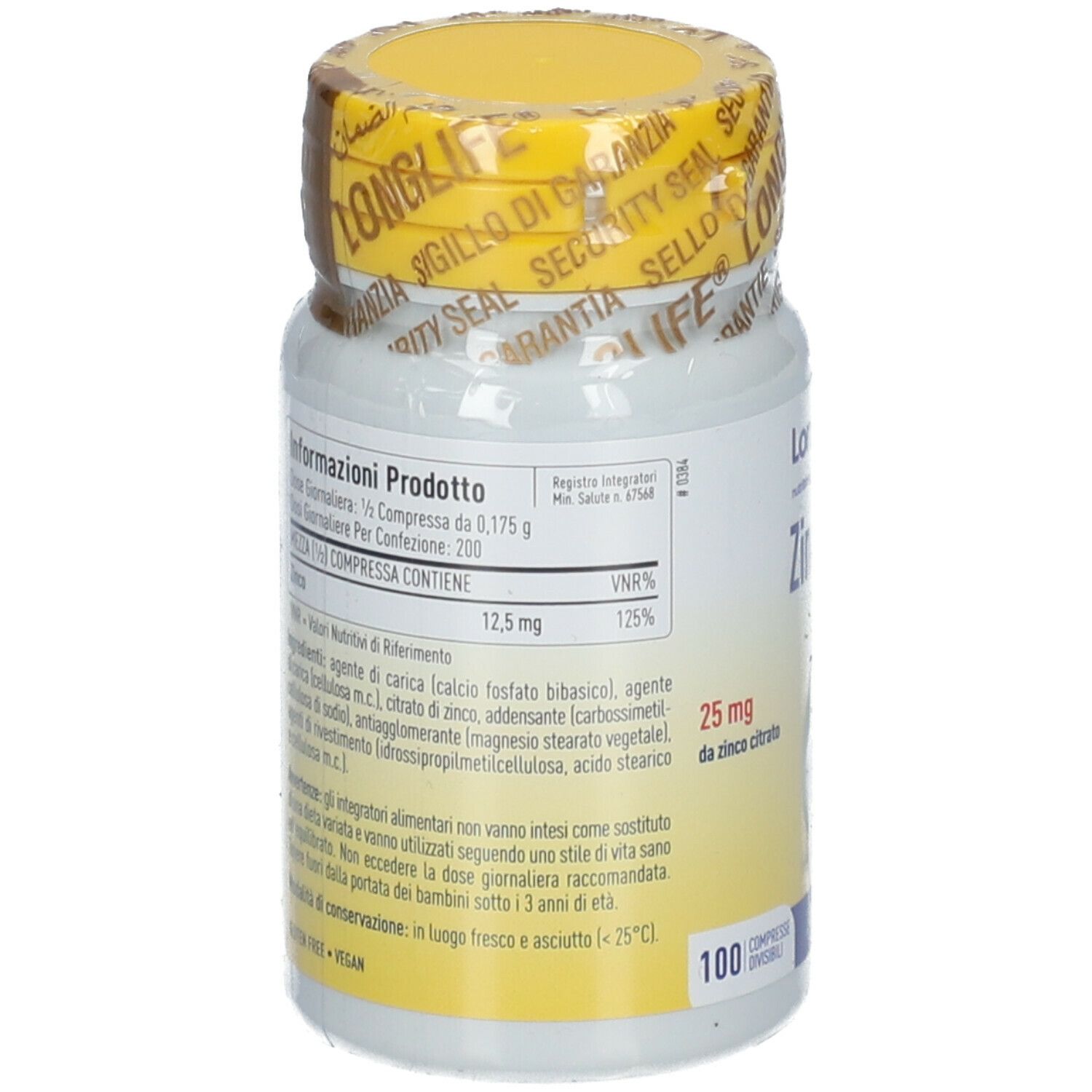 Retro del flacone. Informazioni sul prodotto, ingredienti, valori nutrizionali. 100 compresse. Senza glutine, vegano.