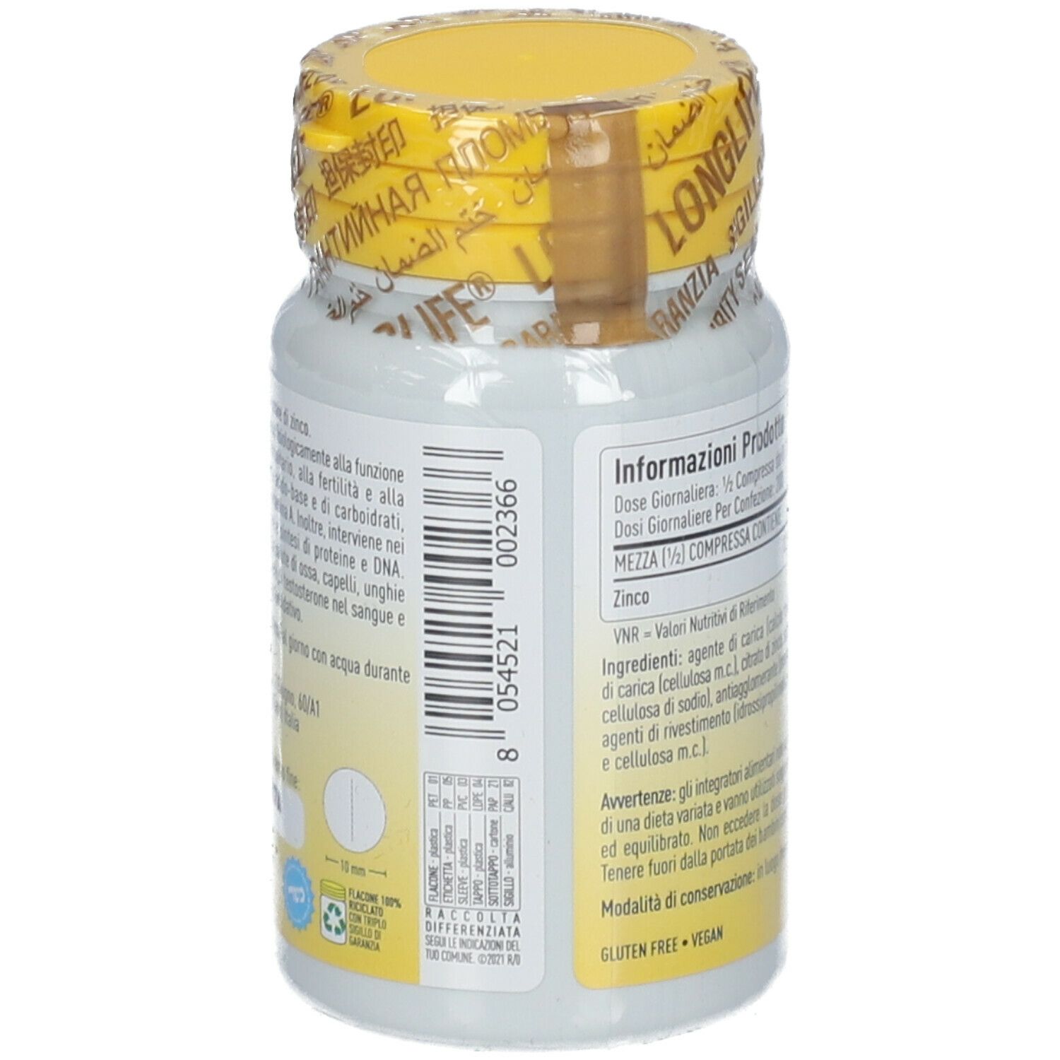 Retro del flacone. Informazioni sul prodotto, ingredienti, valori nutrizionali. 100 compresse. Senza glutine, vegano.