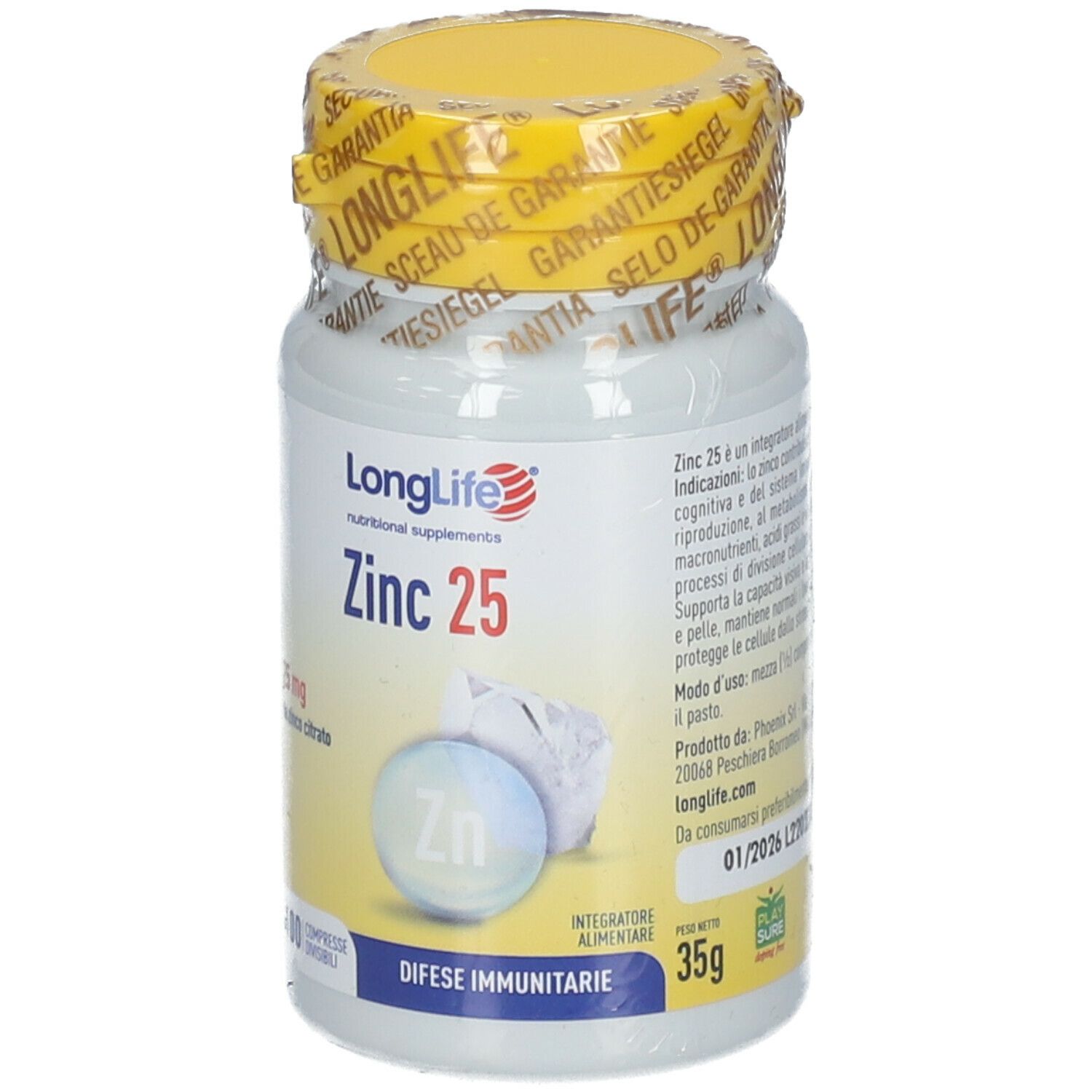 Flacone bianco con tappo giallo e sigillo. Scritta: LongLife Zinc 25. Illustrazione di zinco. 100 compresse. 35g.