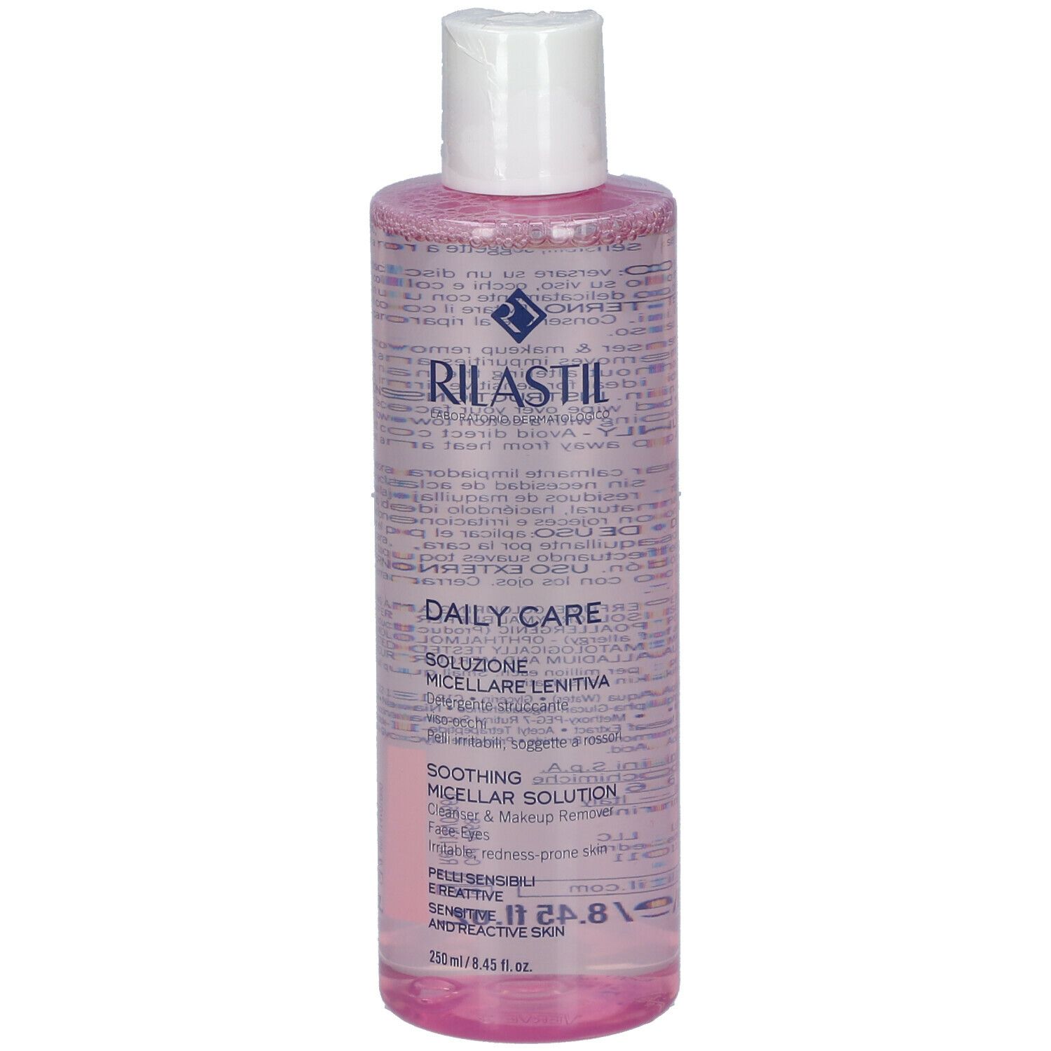 Rilastil Daily Care. Bottiglia con tappo bianco e liquido rosa. Scritta: Daily Care, soluzione micellare. 250 ml.