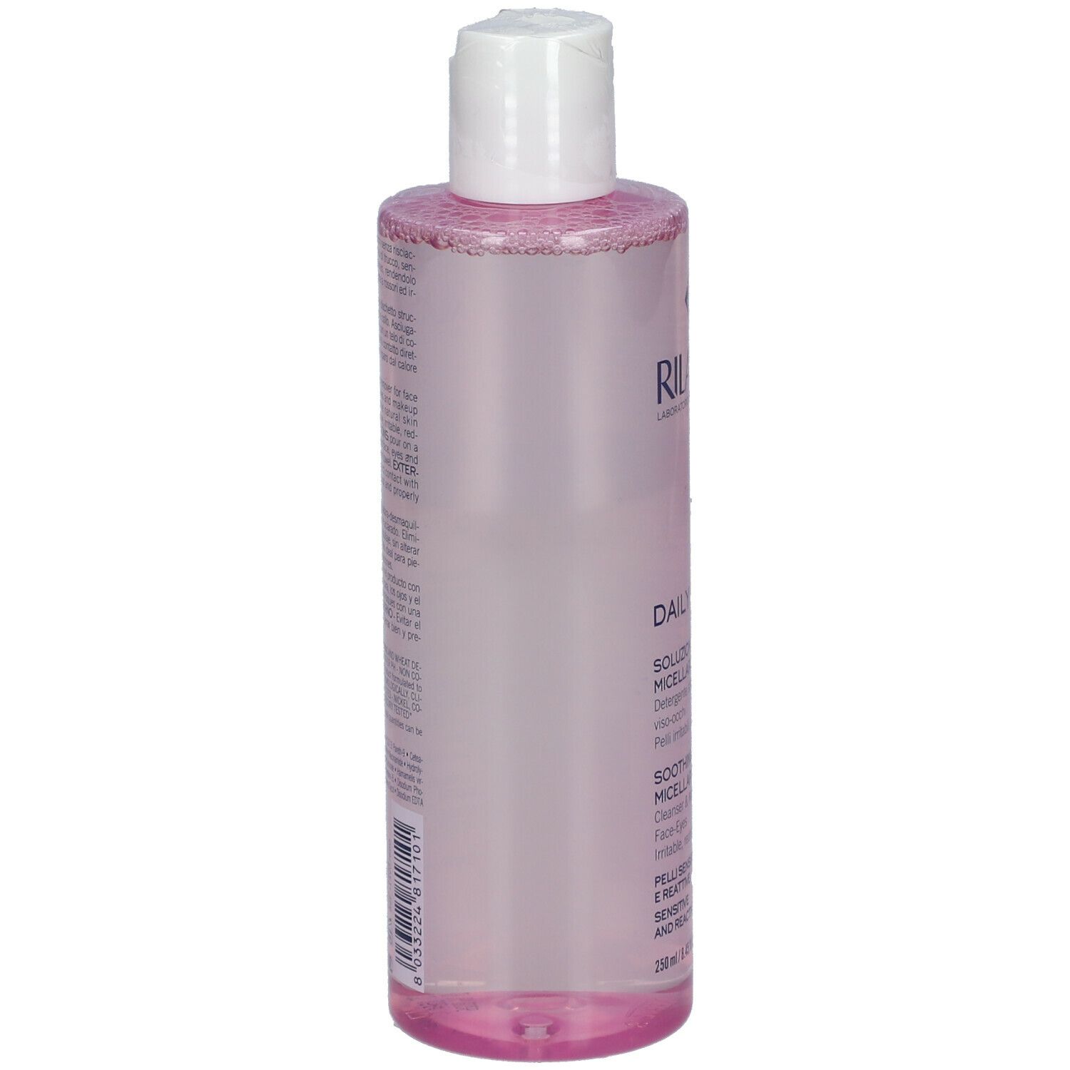 Rilastil Daily Care. Bottiglia con tappo bianco e liquido rosa. Scritta: Daily Care, soluzione micellare. 250 ml.