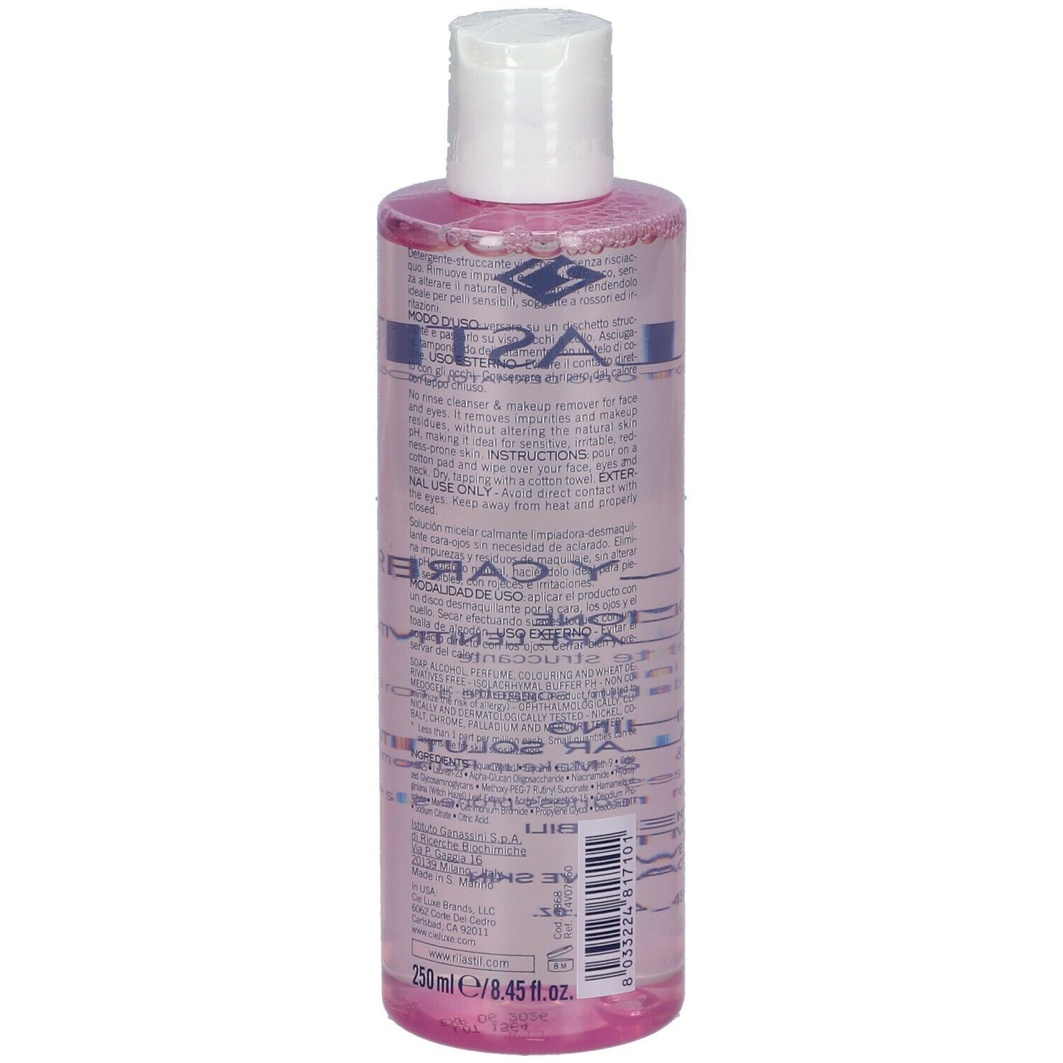 Rilastil Daily Care. Bottiglia con tappo bianco e liquido rosa. Scritta: Daily Care, soluzione micellare. 250 ml.